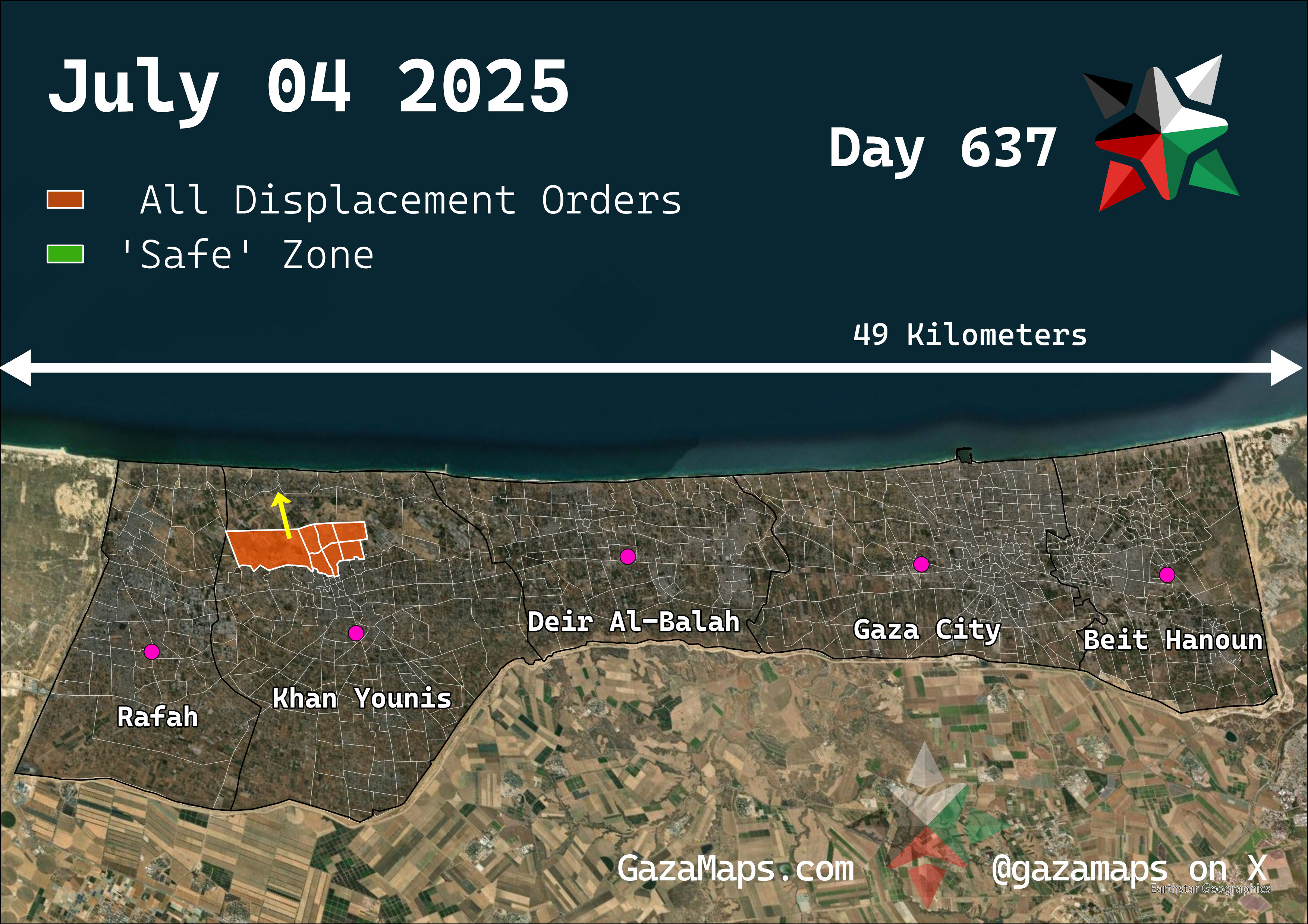 GazaMaps original map, based on IDF displacement order from 04 July 2025