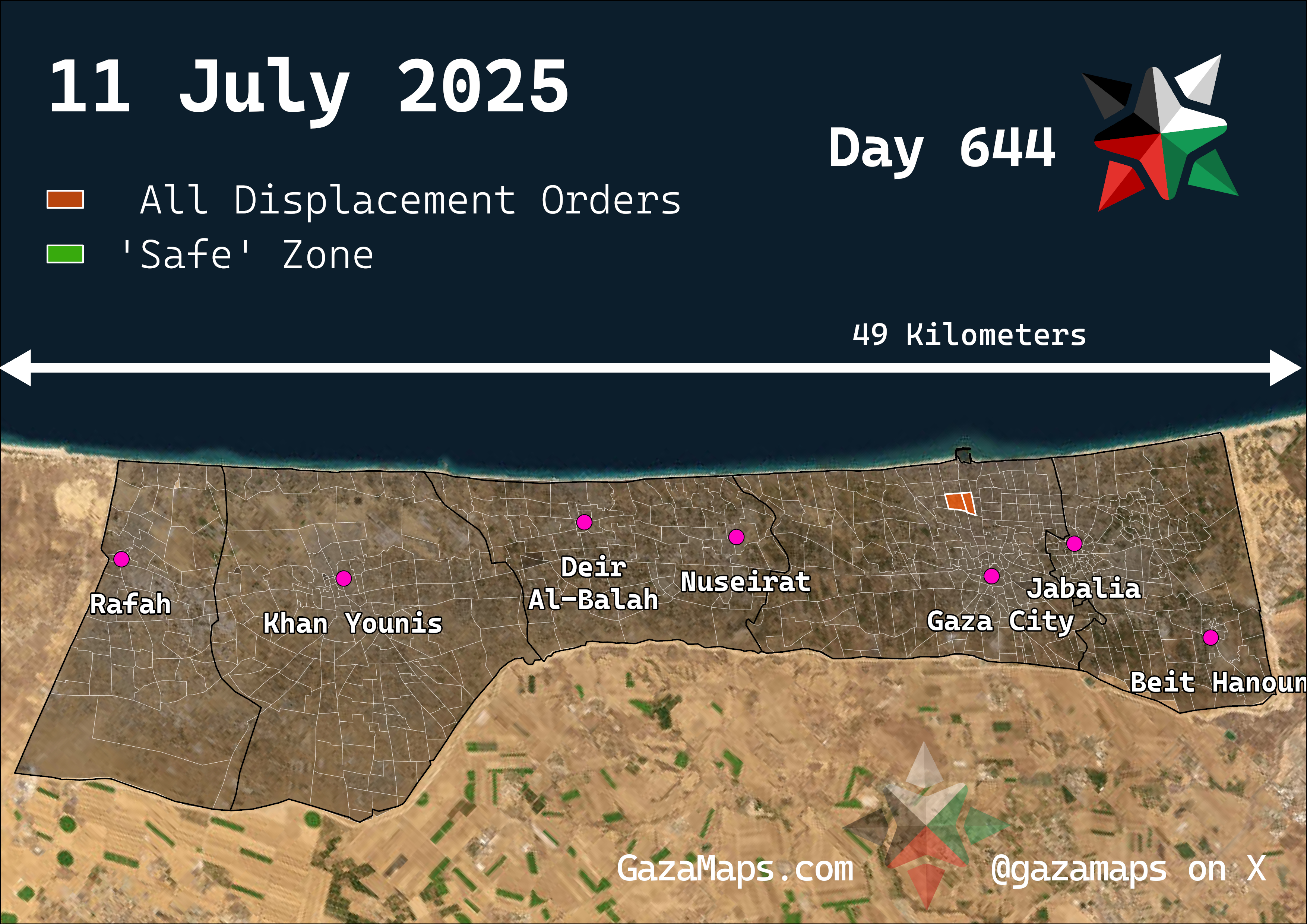 GazaMaps original map, based on IDF displacement order from 11 Jul 2025