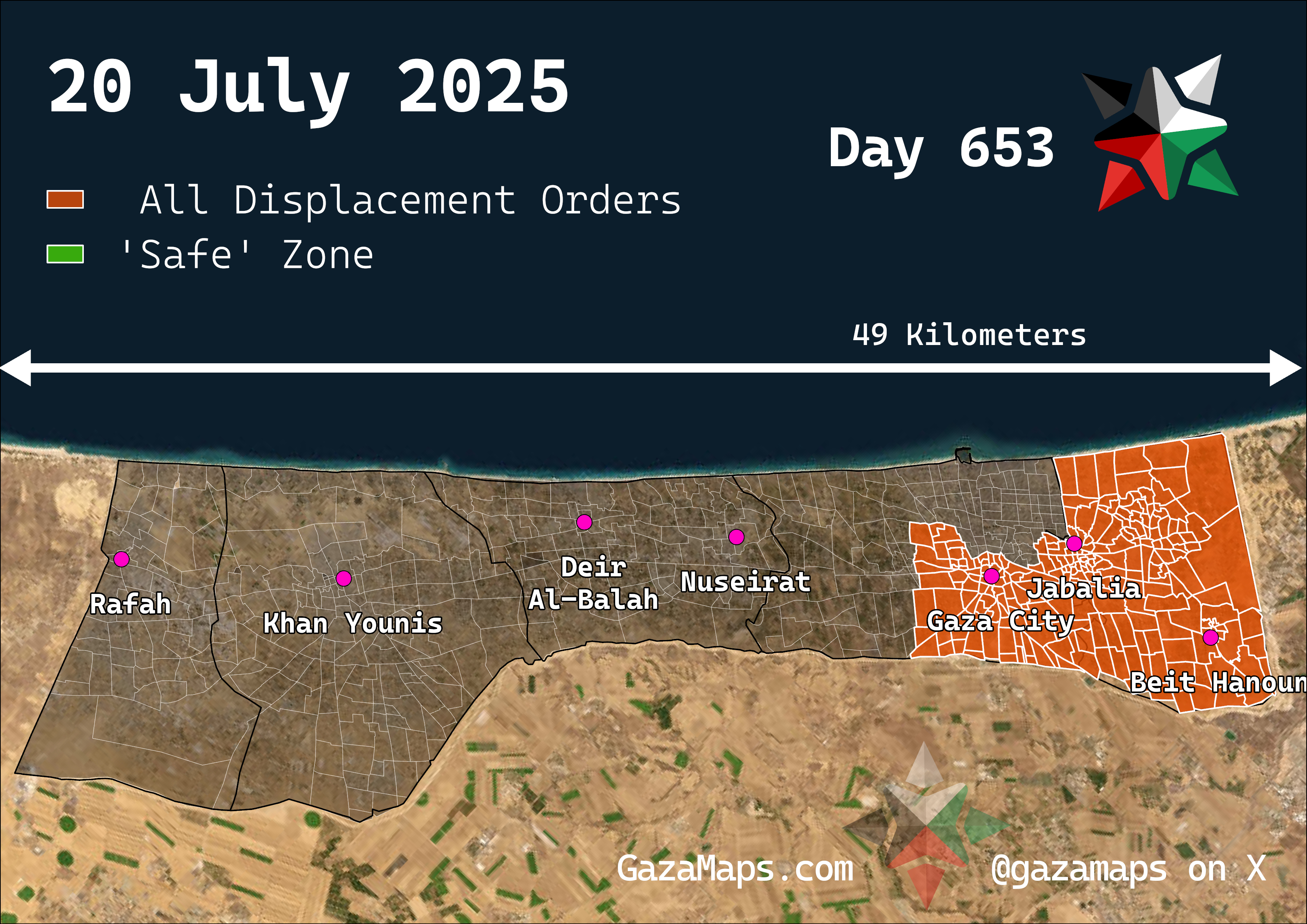 GazaMaps original map, based on IDF displacement order from 20 Jul 2025