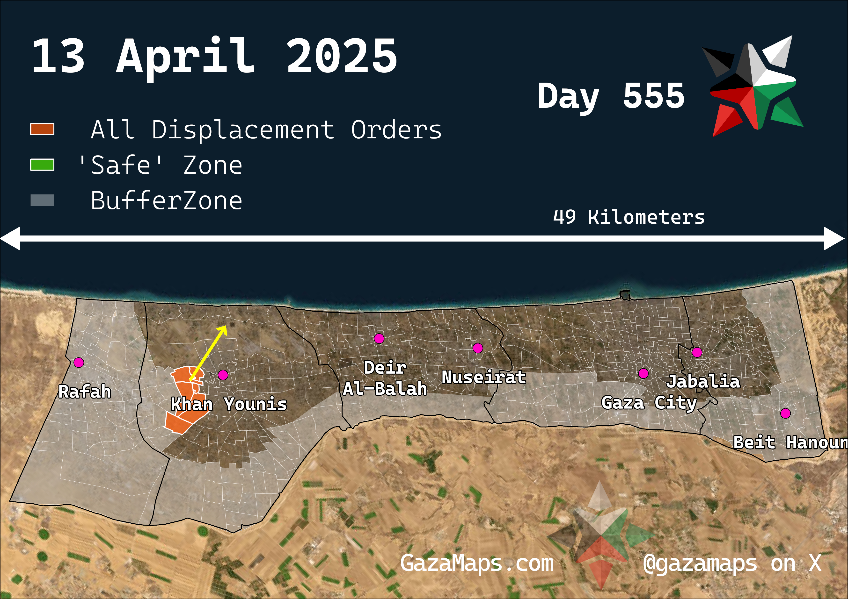 GazaMaps original map, based on IDF displacement order from 13 Apr 2025