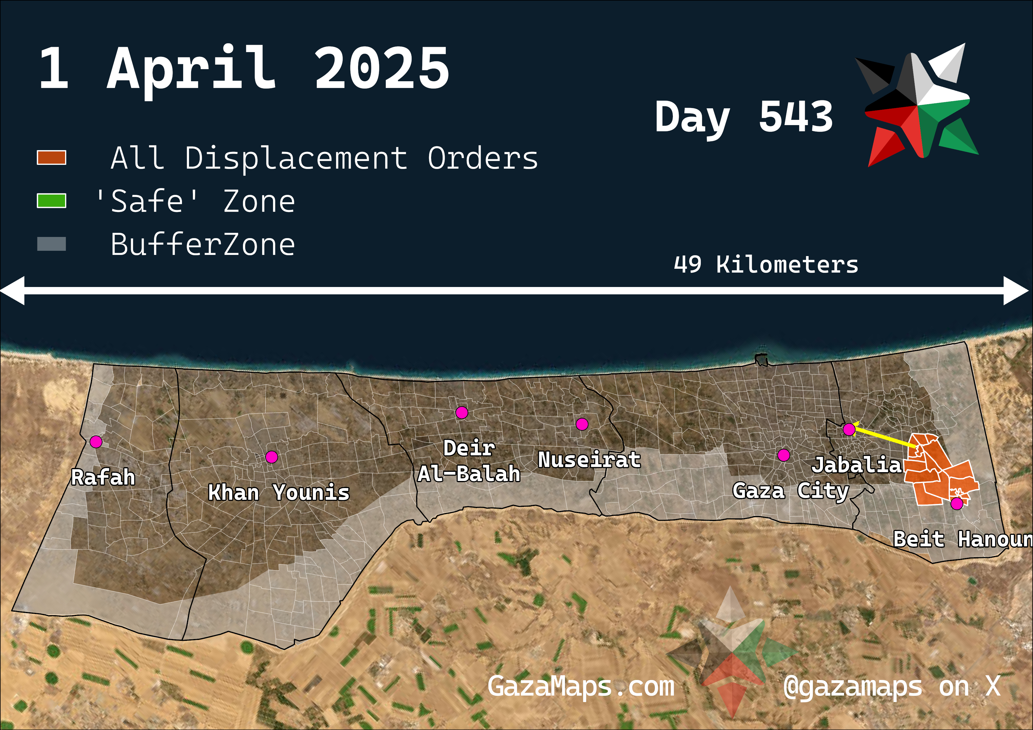 GazaMaps original map, based on IDF displacement order from 1 Apr 2025