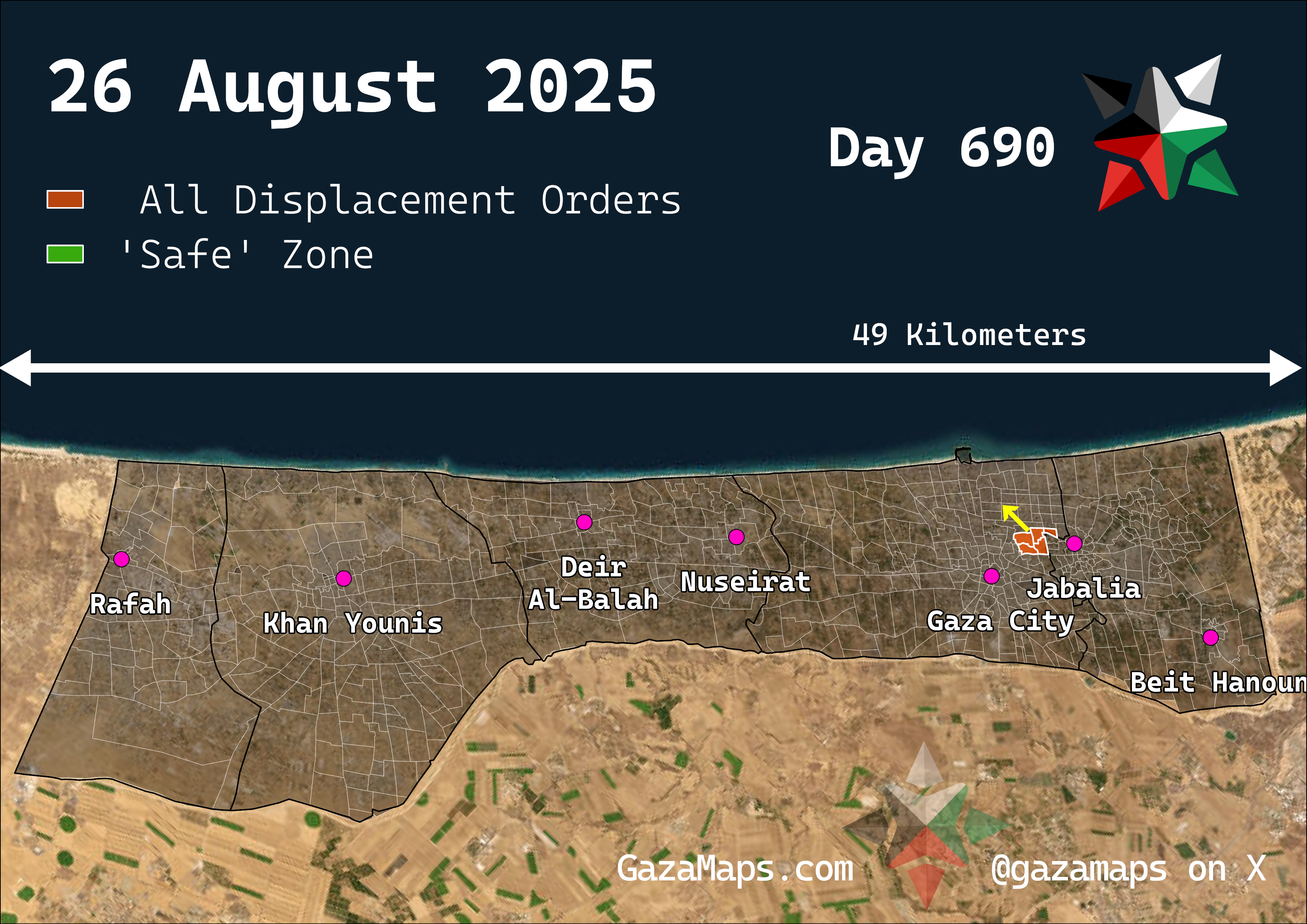 GazaMaps original map, based on IDF displacement order from 26 Aug 2025