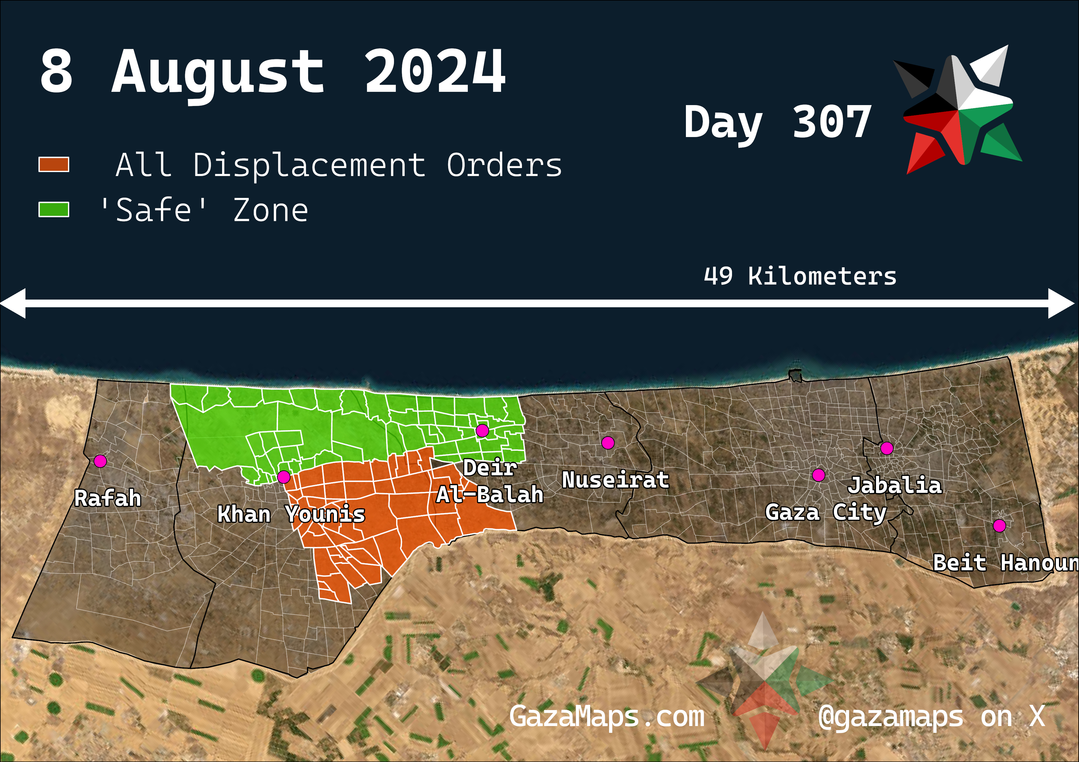 GazaMaps original map, based on IDF displacement order from 8 Aug 2024
