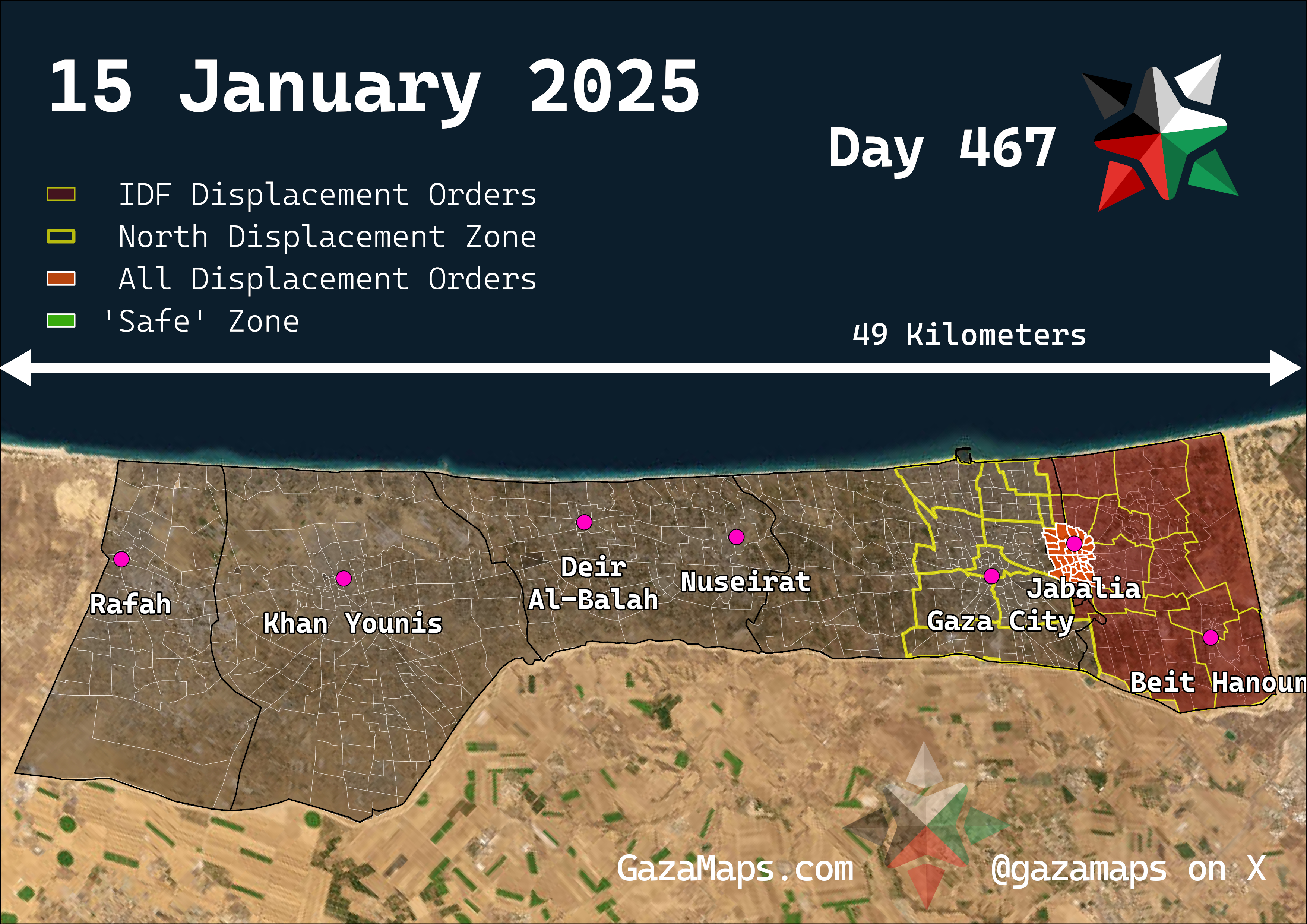 GazaMaps original map, based on IDF displacement order from 15 Jan 2025