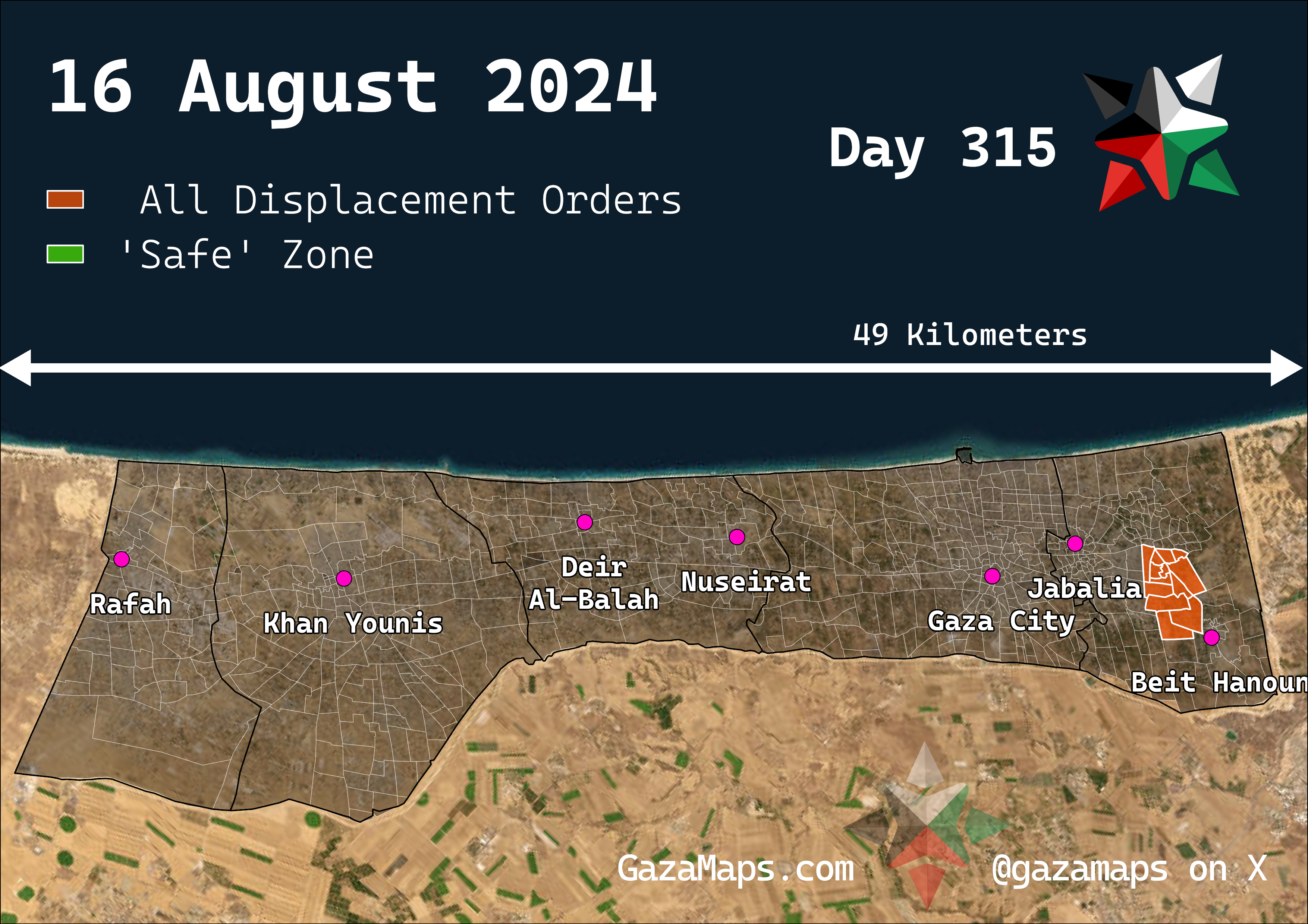 GazaMaps original map, based on IDF displacement order from 16 Aug 2024