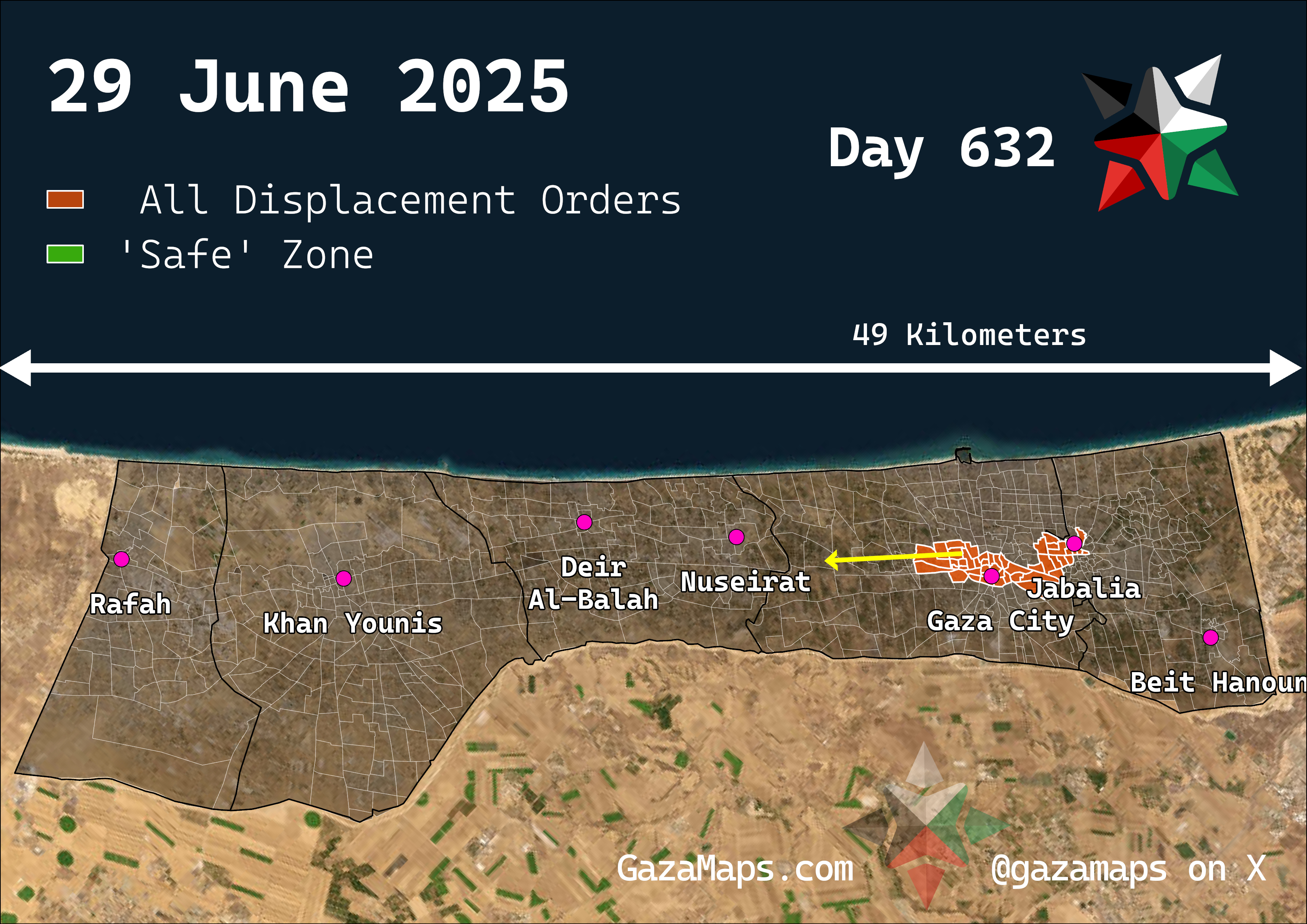GazaMaps original map, based on IDF displacement order from 29 Jun 2025