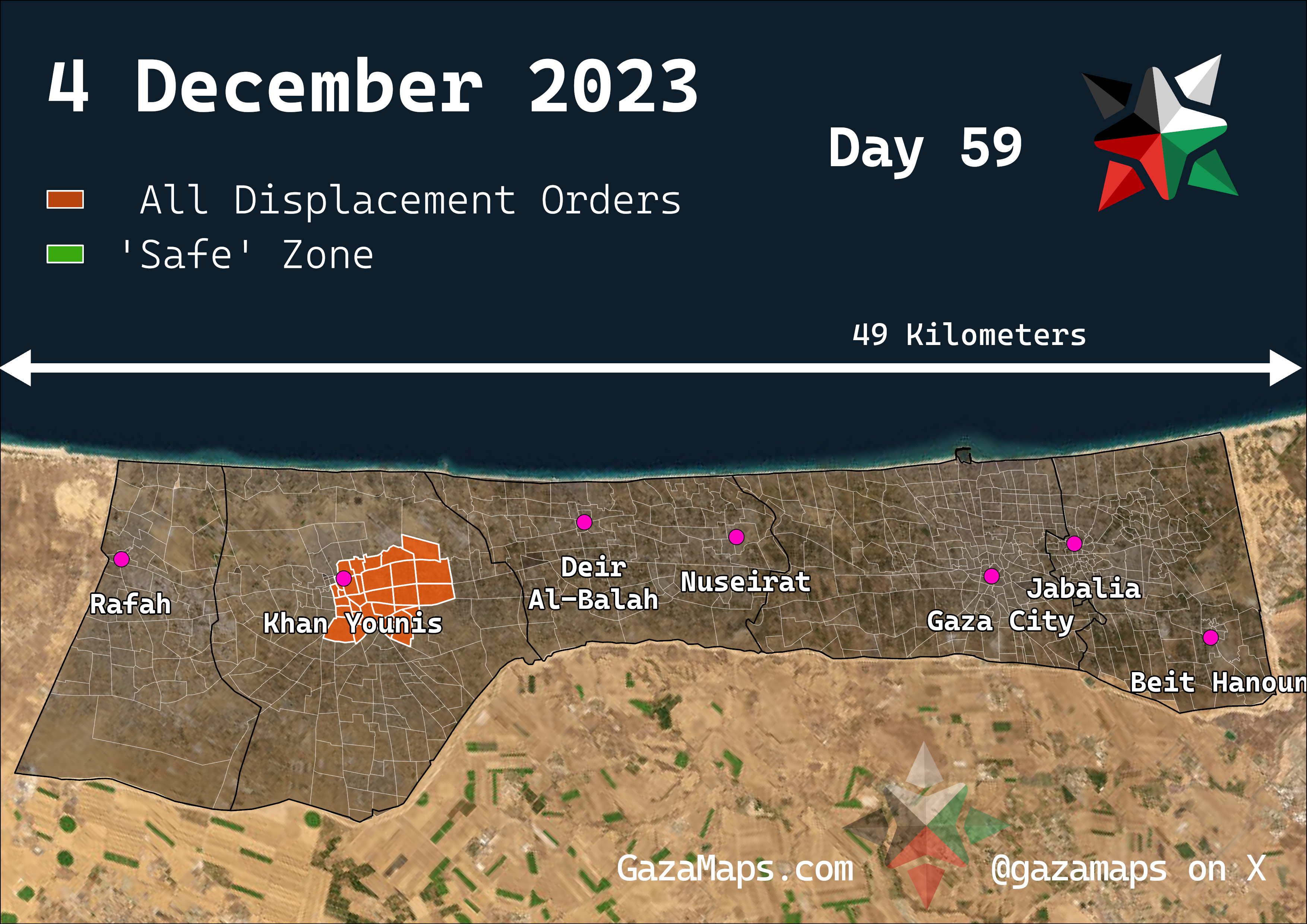 GazaMaps original map, based on IDF displacement order from 4 Dec 2023
