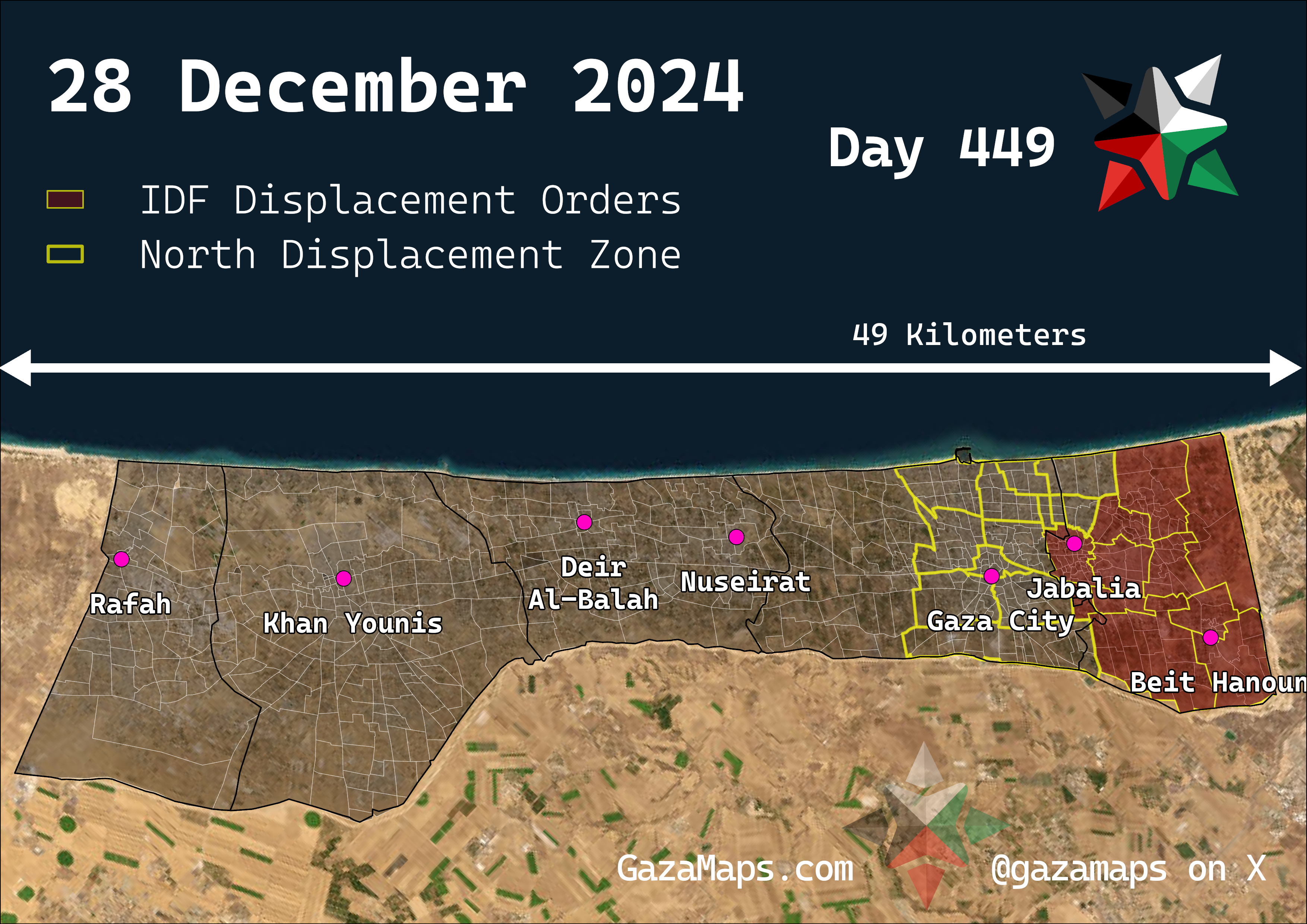 GazaMaps original map, based on IDF displacement order from 28 Dec 2024