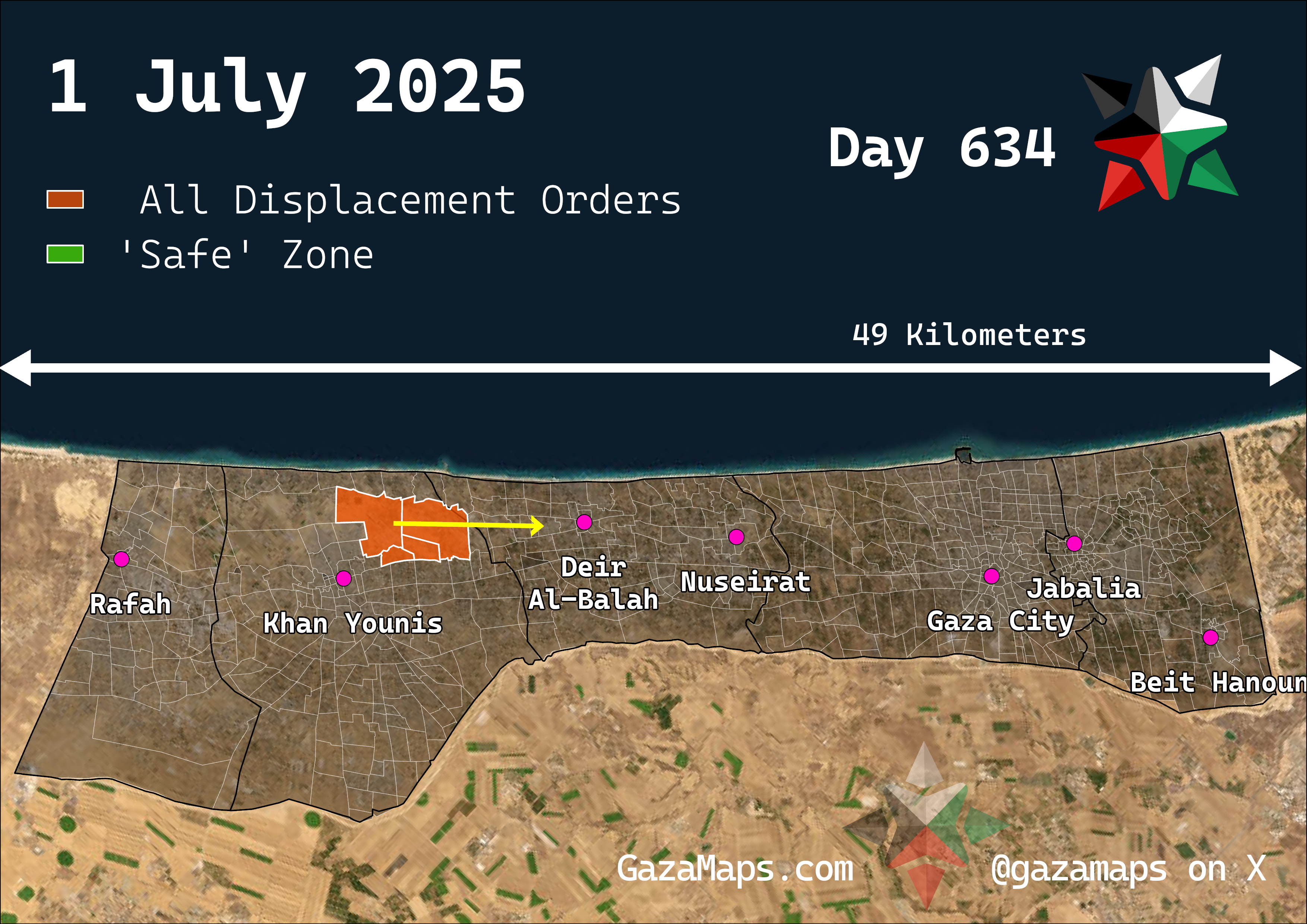 GazaMaps original map, based on IDF displacement order from 1 Jul 2025