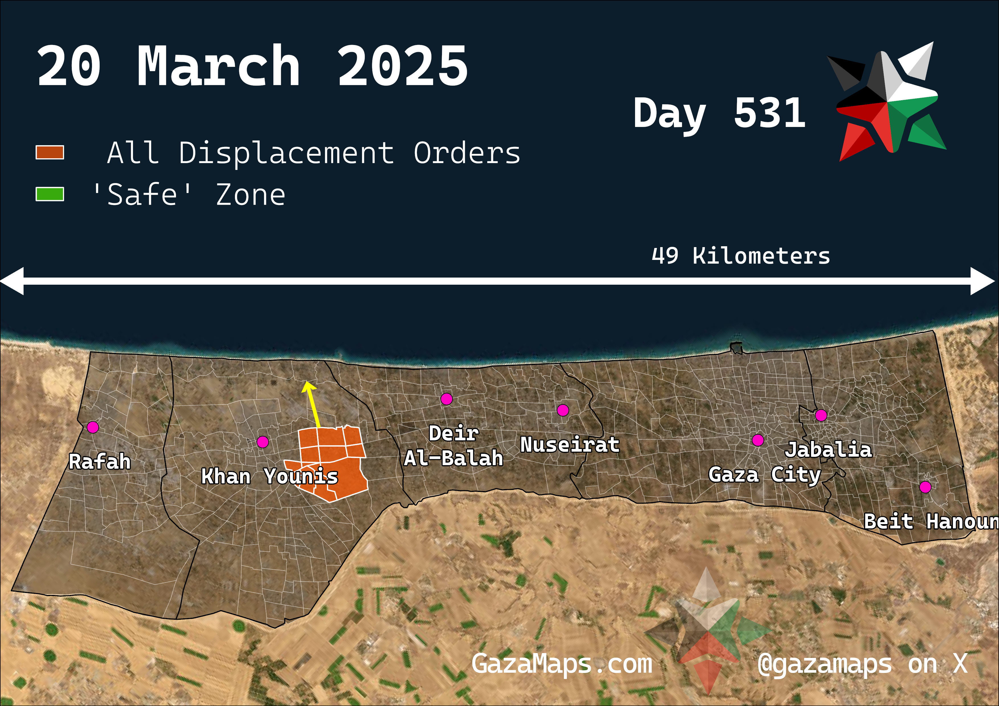 GazaMaps original map, based on IDF displacement order from 20 Mar 2025