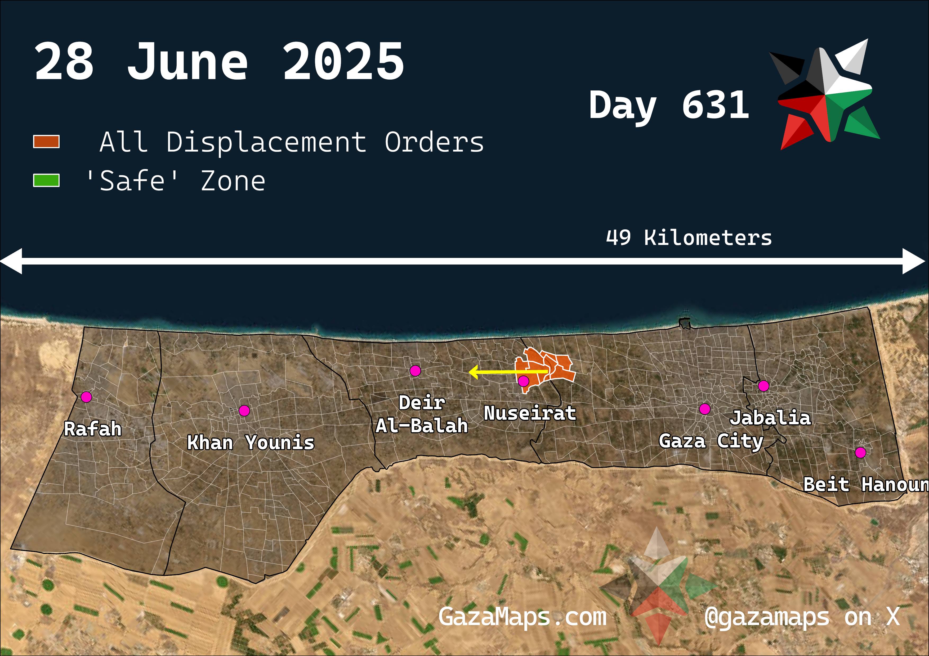 GazaMaps original map, based on IDF displacement order from 28 Jun 2025