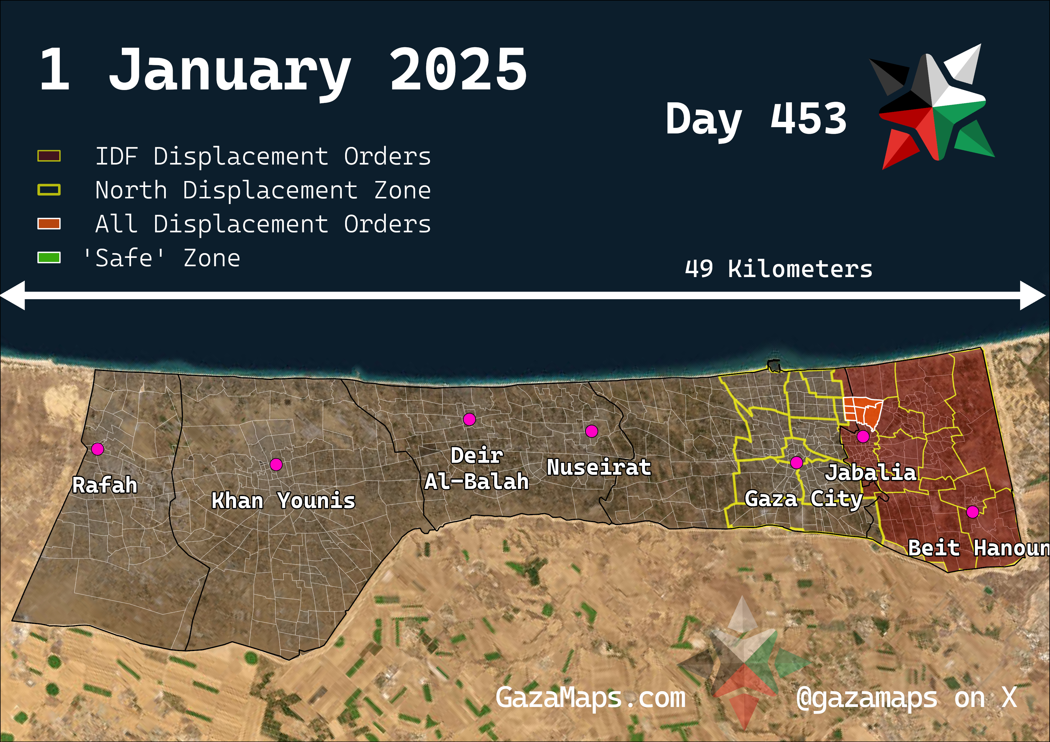 GazaMaps original map, based on IDF displacement order from 1 Jan 2025