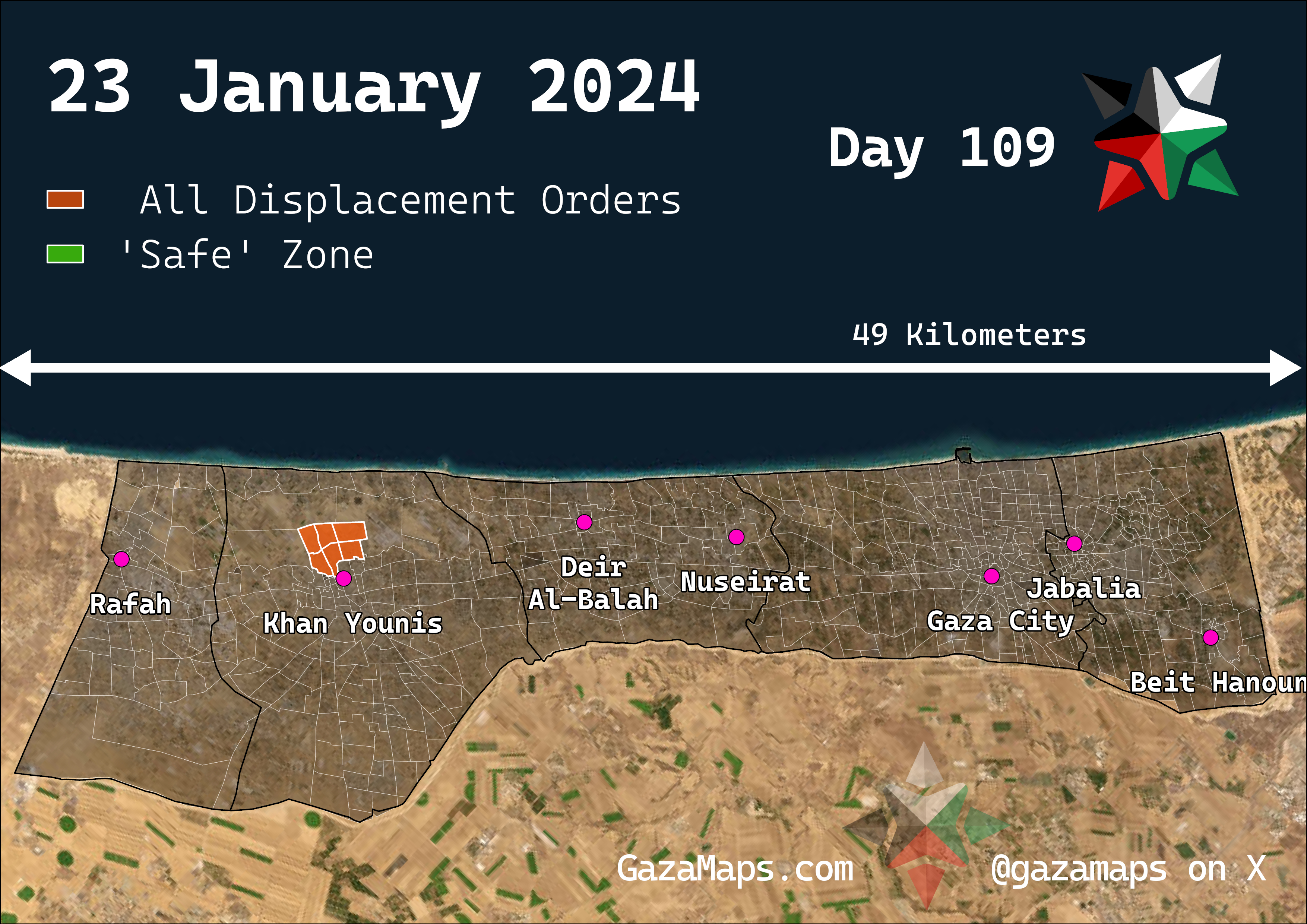 GazaMaps original map, based on IDF displacement order from 23 Jan 2024