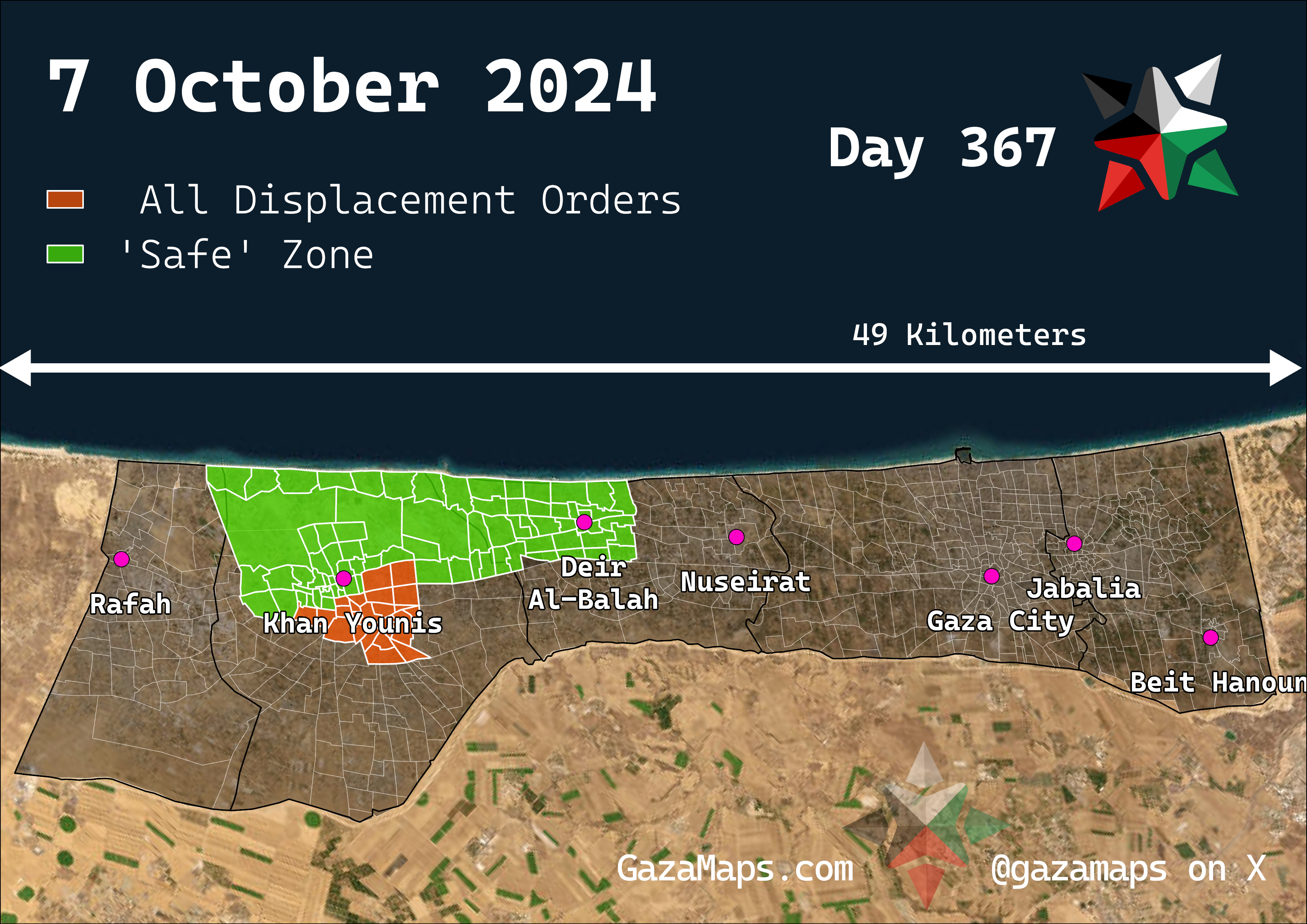 GazaMaps original map, based on IDF displacement order from 7 Oct 2024