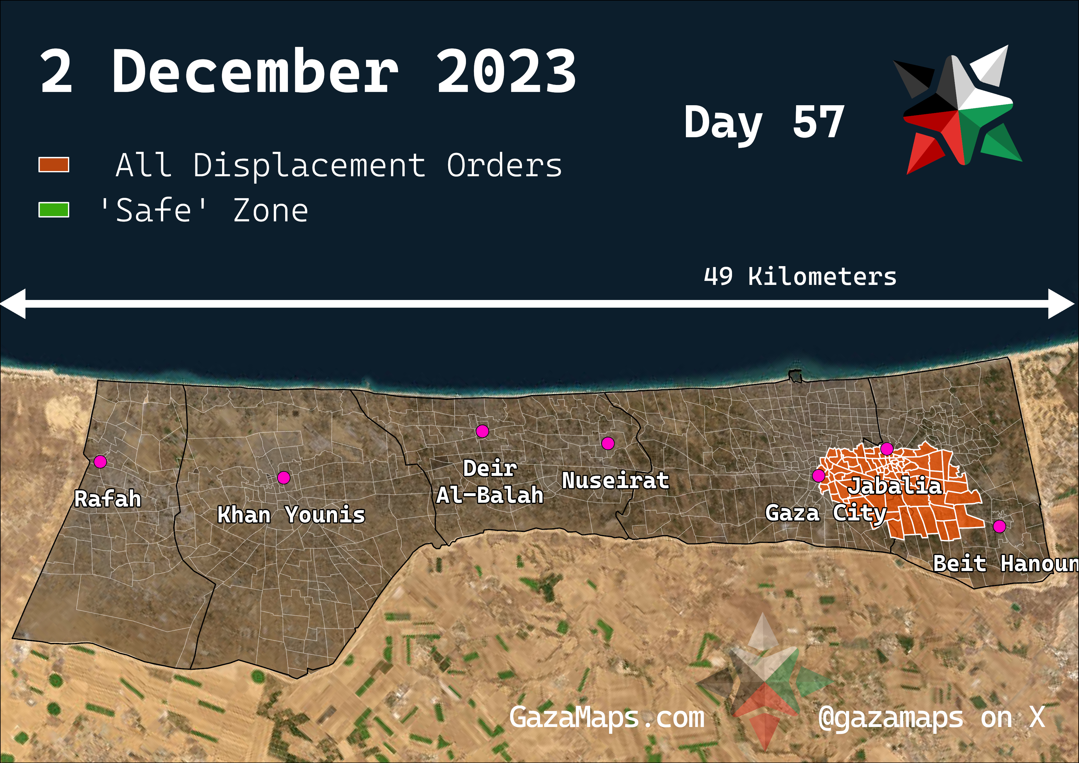 GazaMaps original map, based on IDF displacement order from 2 Dec 2023