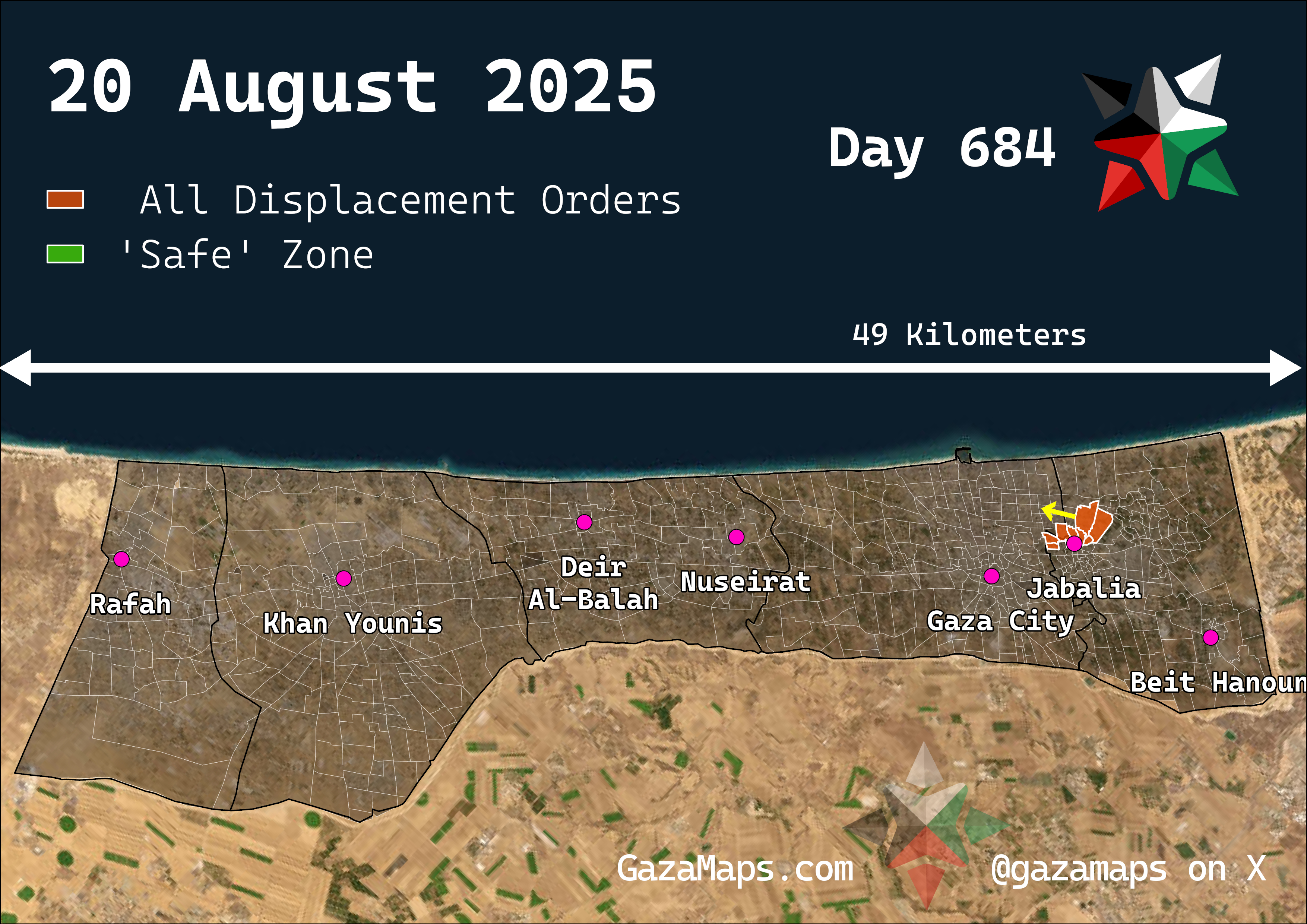 GazaMaps original map, based on IDF displacement order from 20 Aug 2025