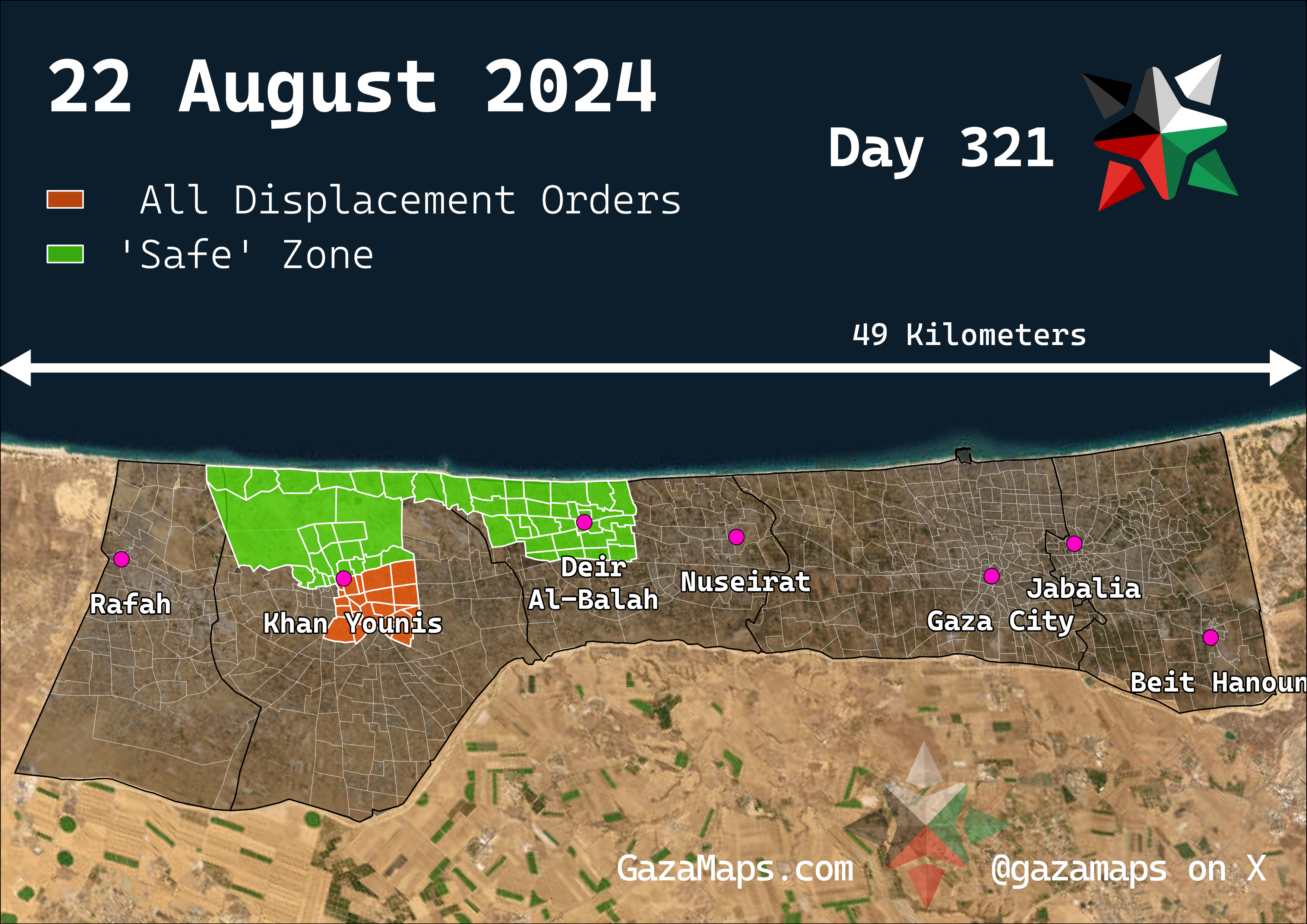 GazaMaps original map, based on IDF displacement order from 22 Aug 2024