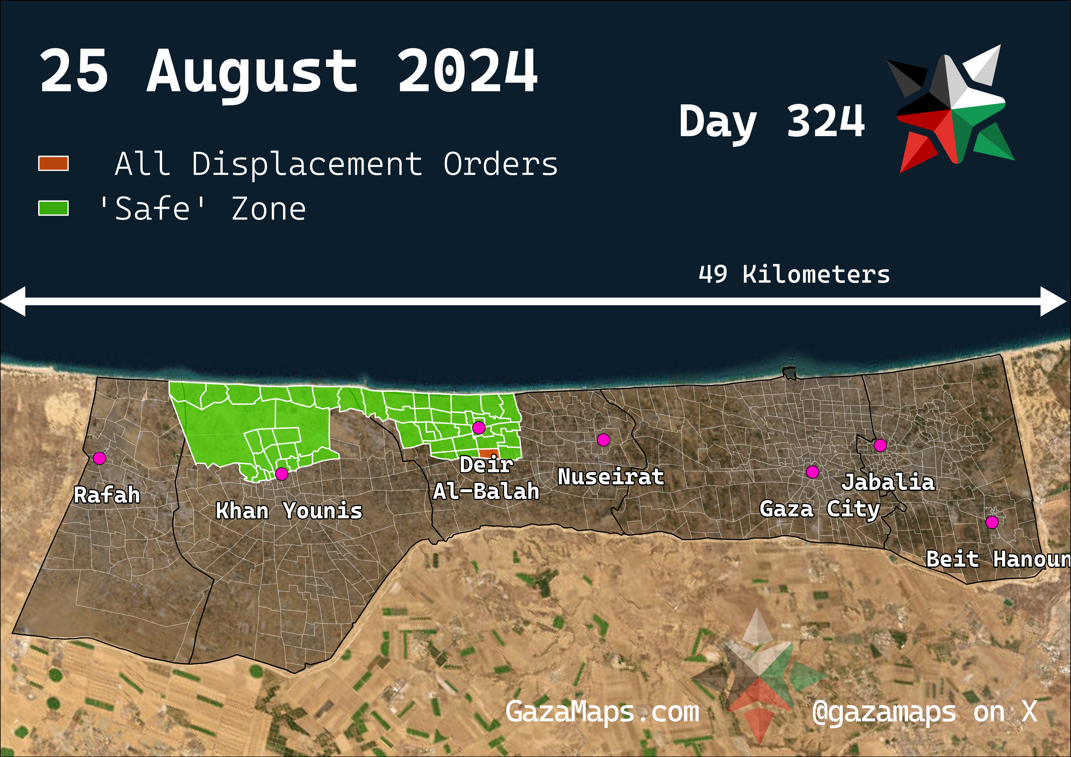 GazaMaps original map, based on IDF displacement order from 25 Aug 2024