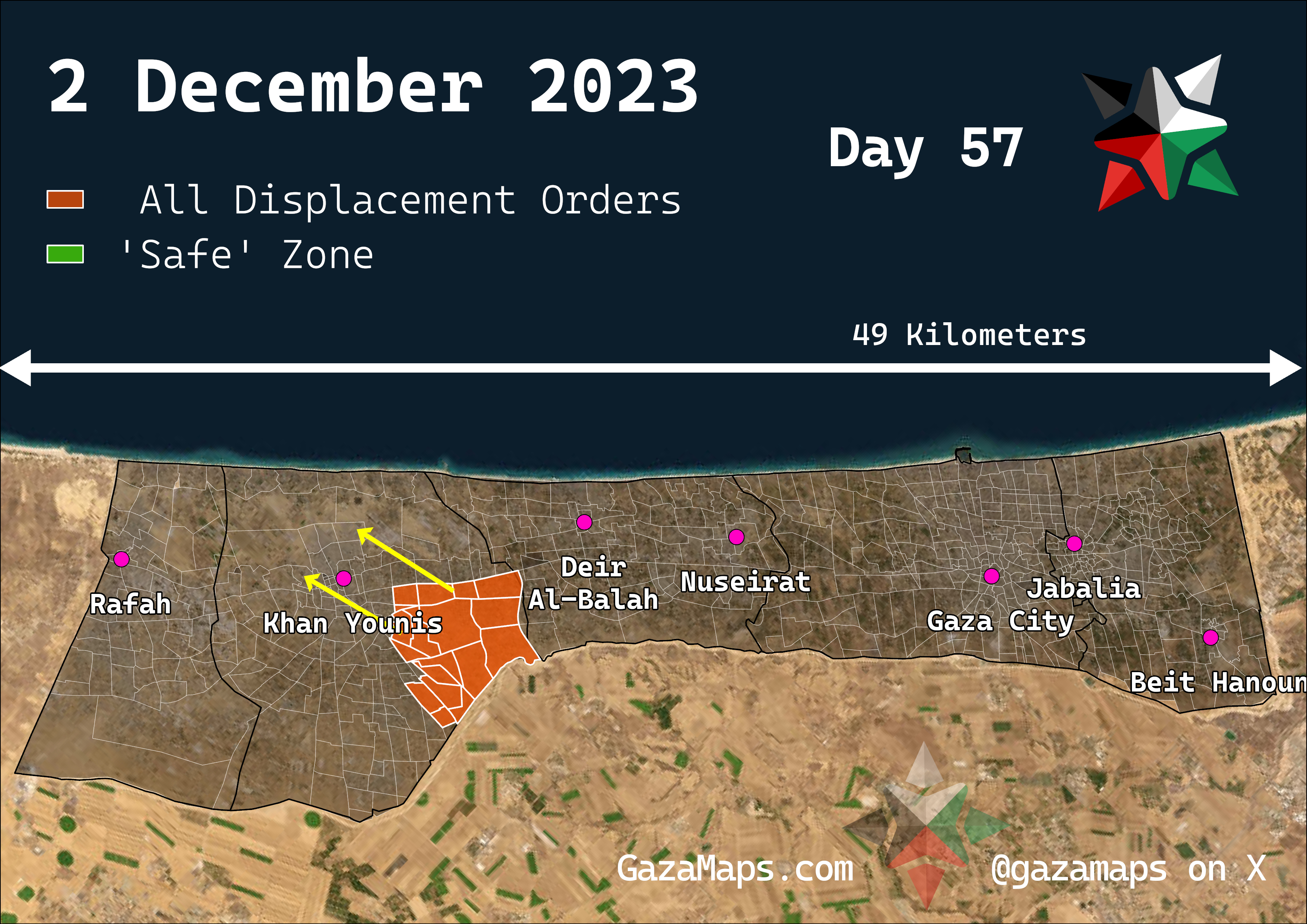 GazaMaps original map, based on IDF displacement order from 2 Dec 2023