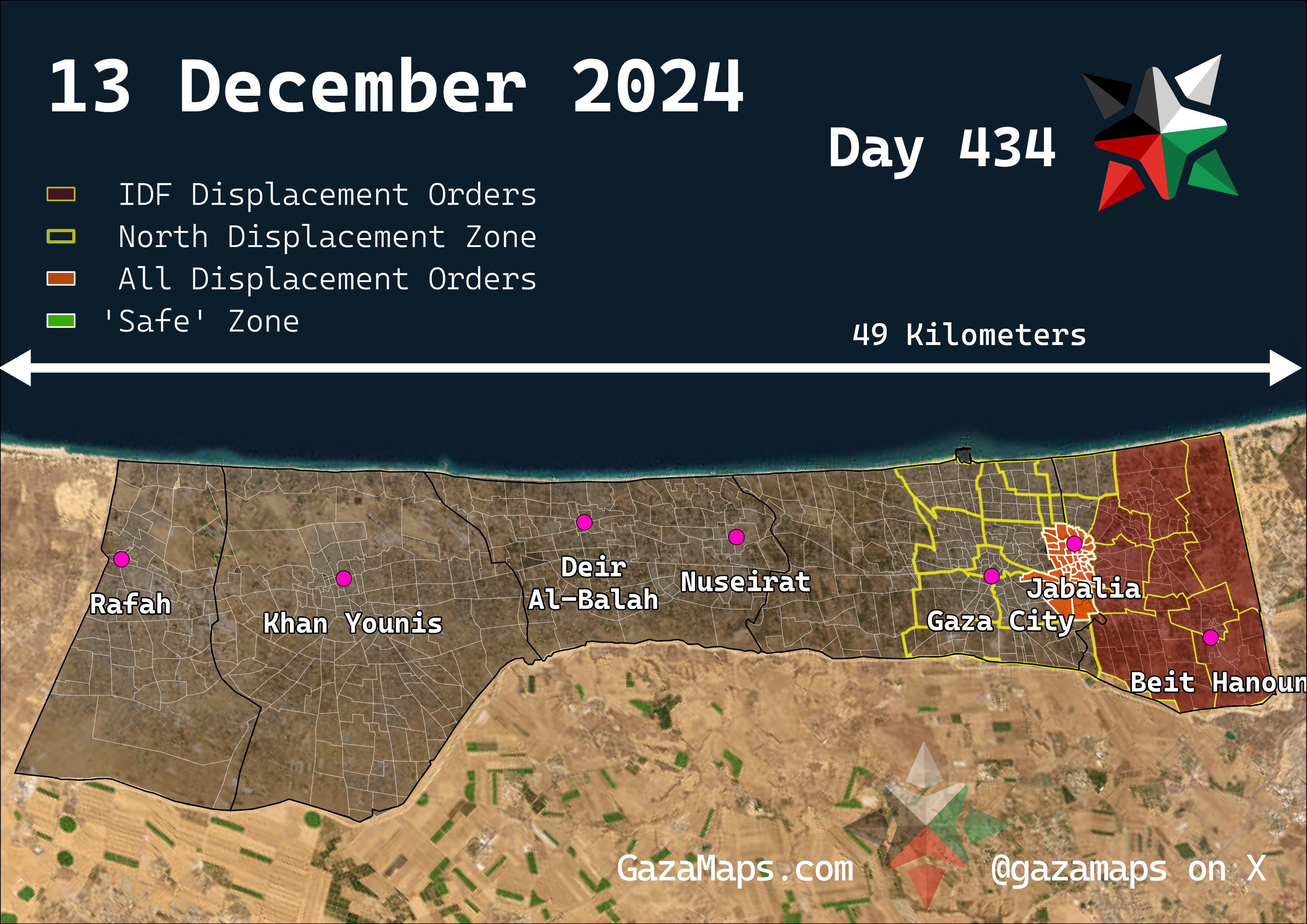 GazaMaps original map, based on IDF displacement order from 13 Dec 2024