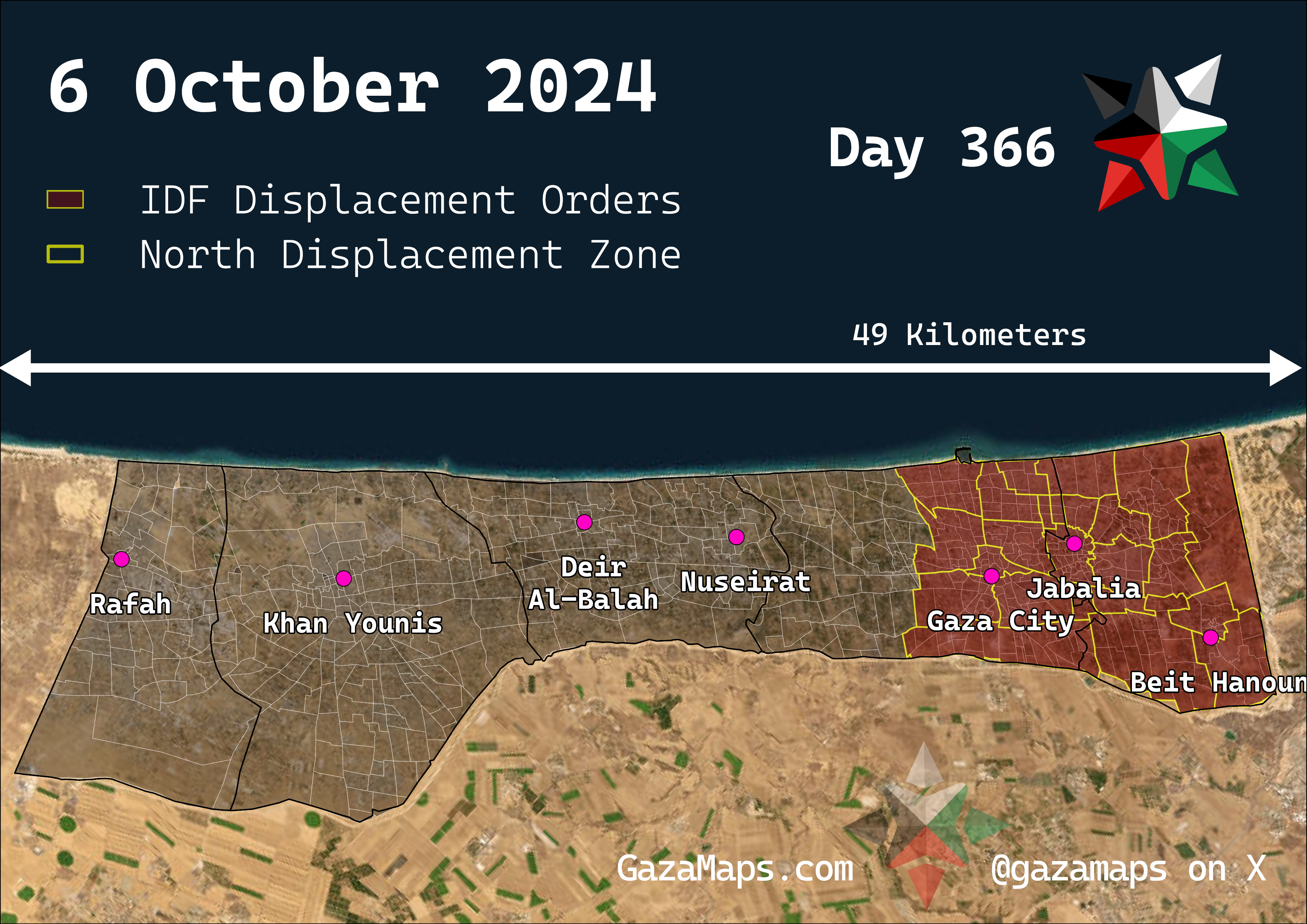 GazaMaps original map, based on IDF displacement order from 6 Oct 2024