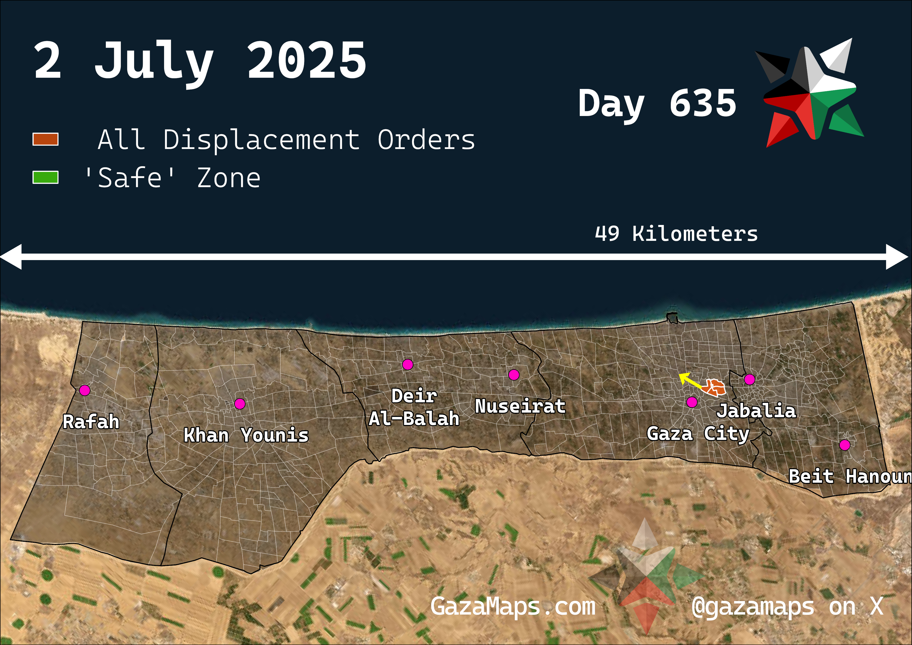 GazaMaps original map, based on IDF displacement order from 2 Jul 2025