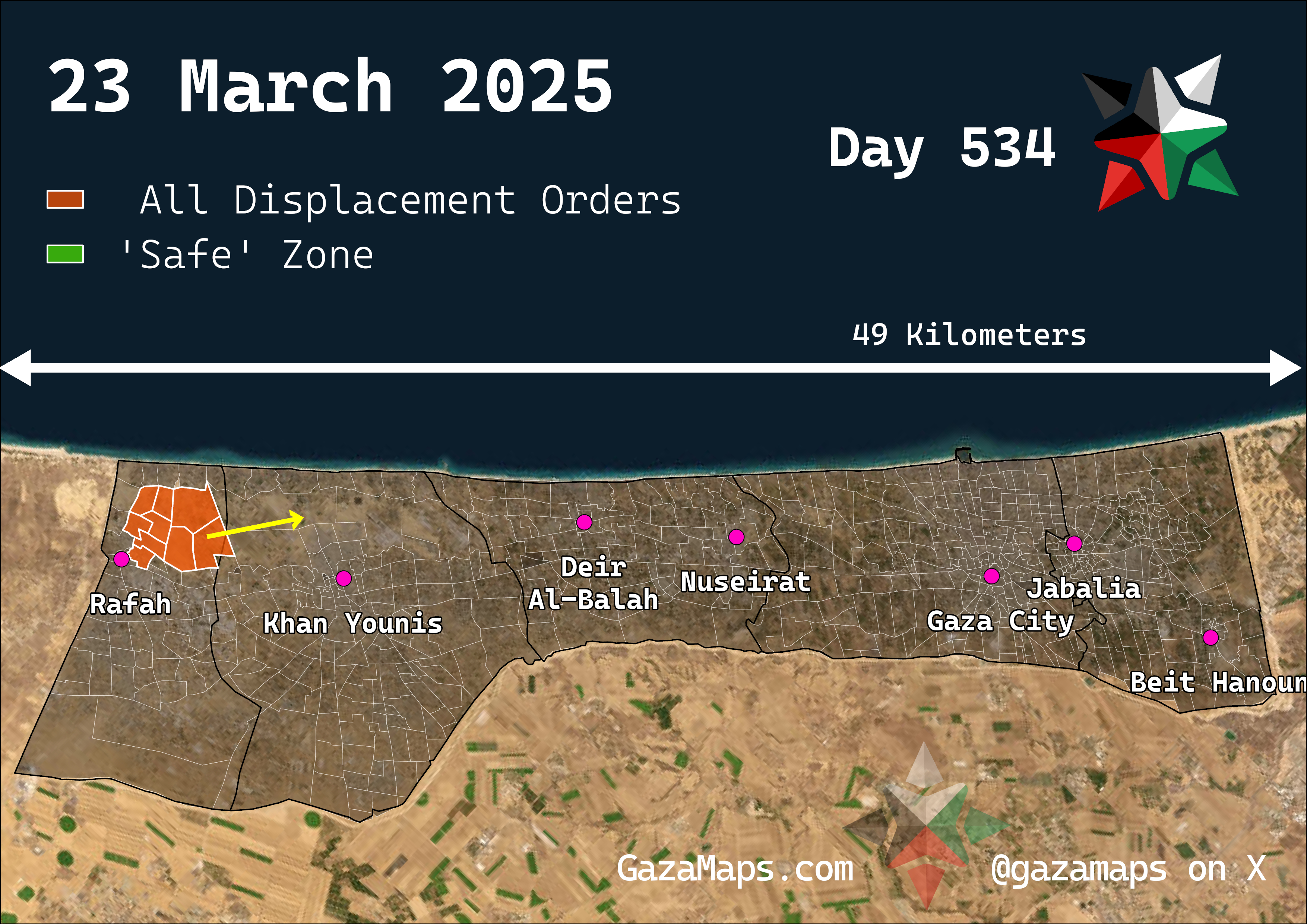 GazaMaps original map, based on IDF displacement order from 23 Mar 2025