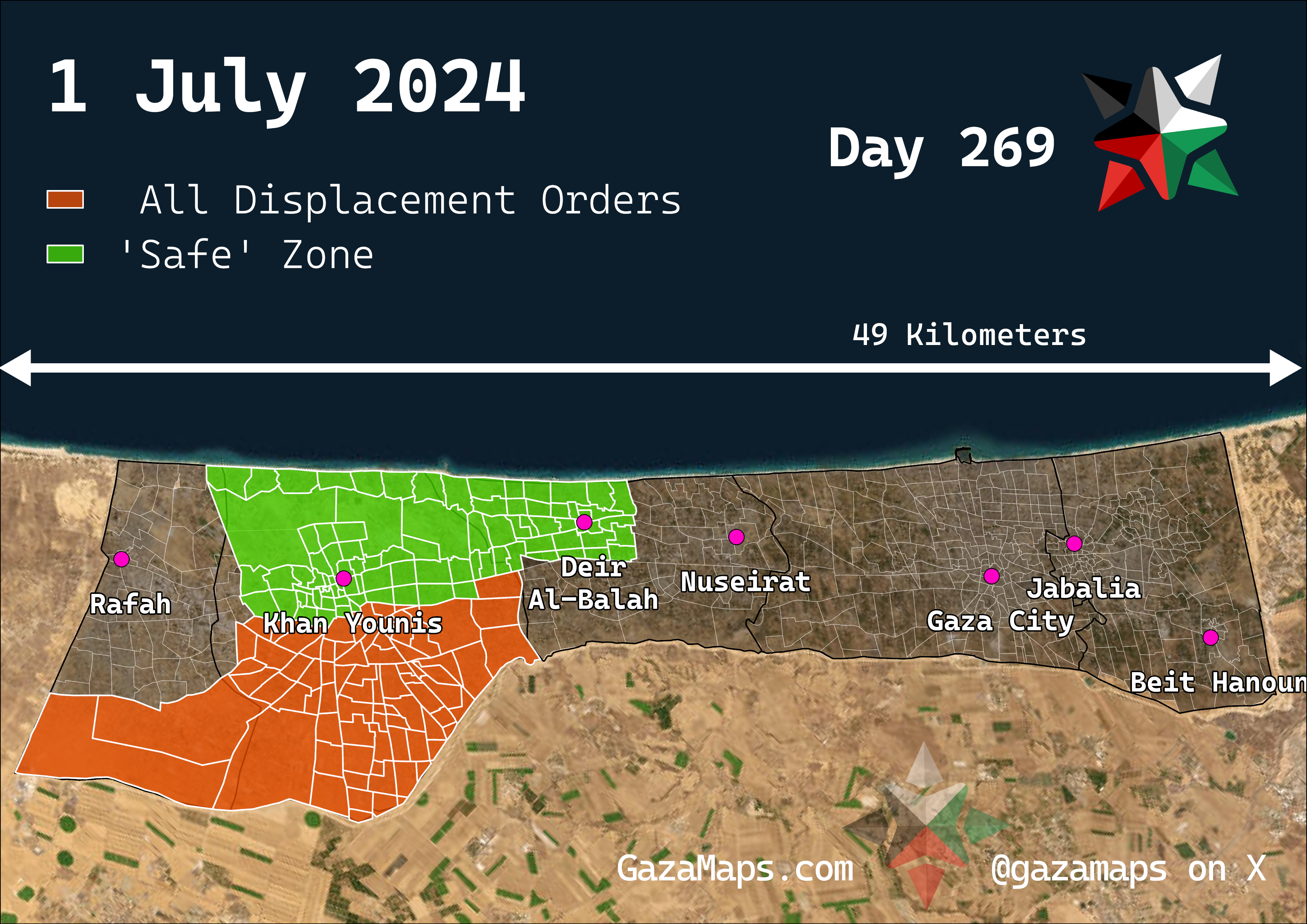 GazaMaps original map, based on IDF displacement order from 1 Jul 2024