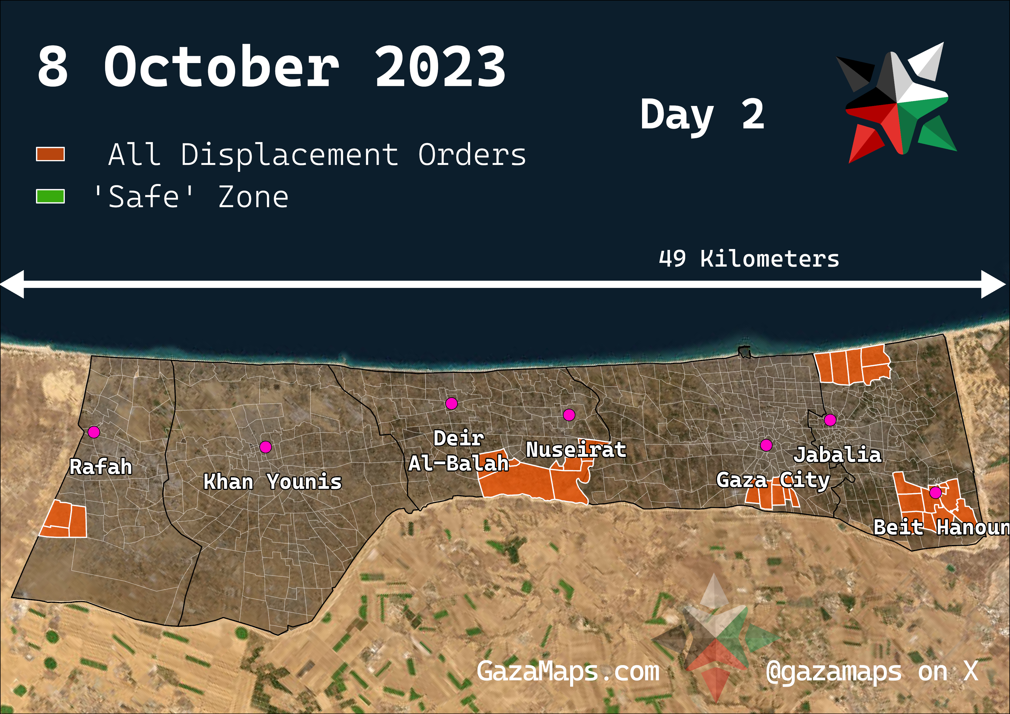 GazaMaps original map, based on IDF displacement order from 8 Oct 2023