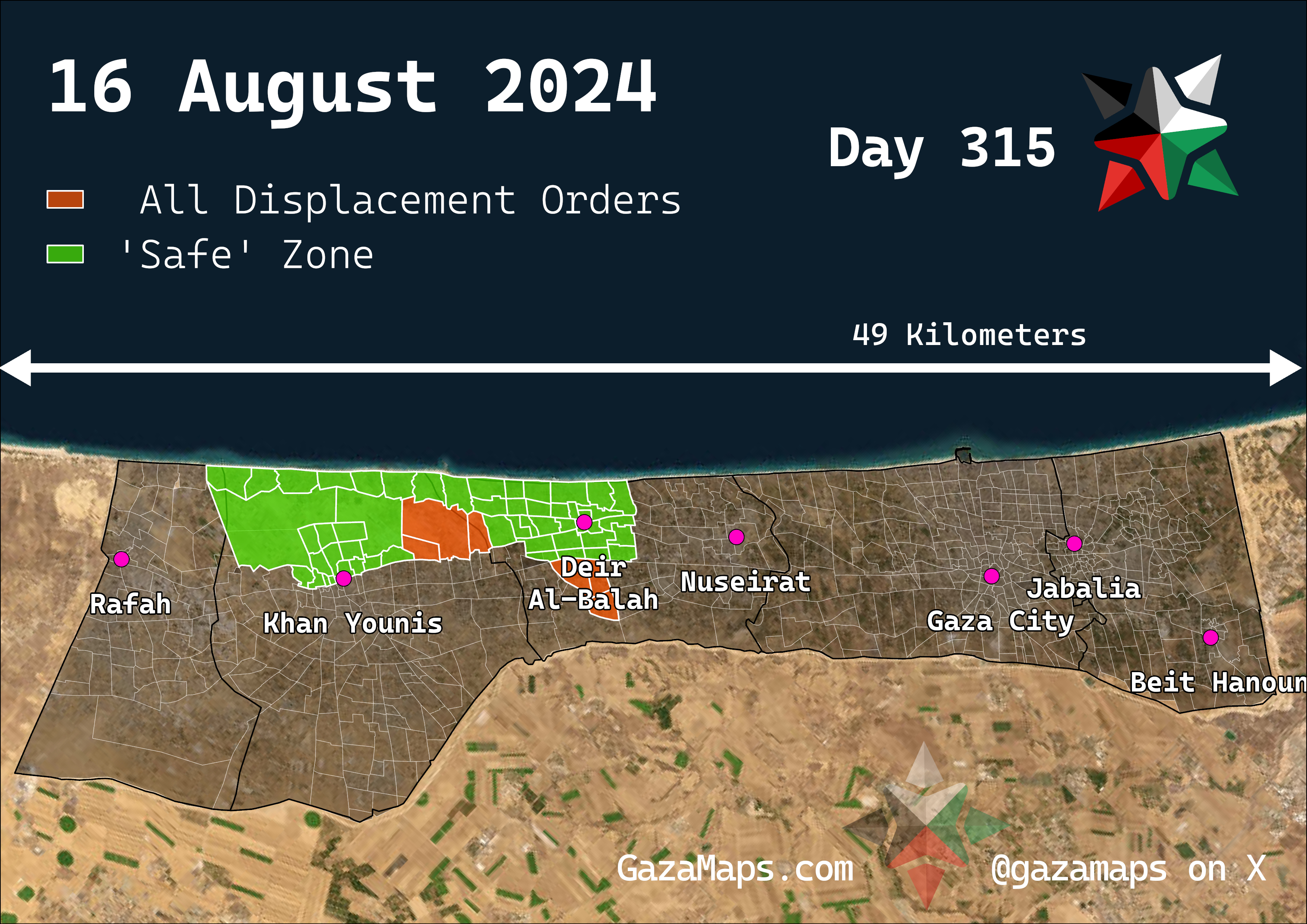 GazaMaps original map, based on IDF displacement order from 16 Aug 2024
