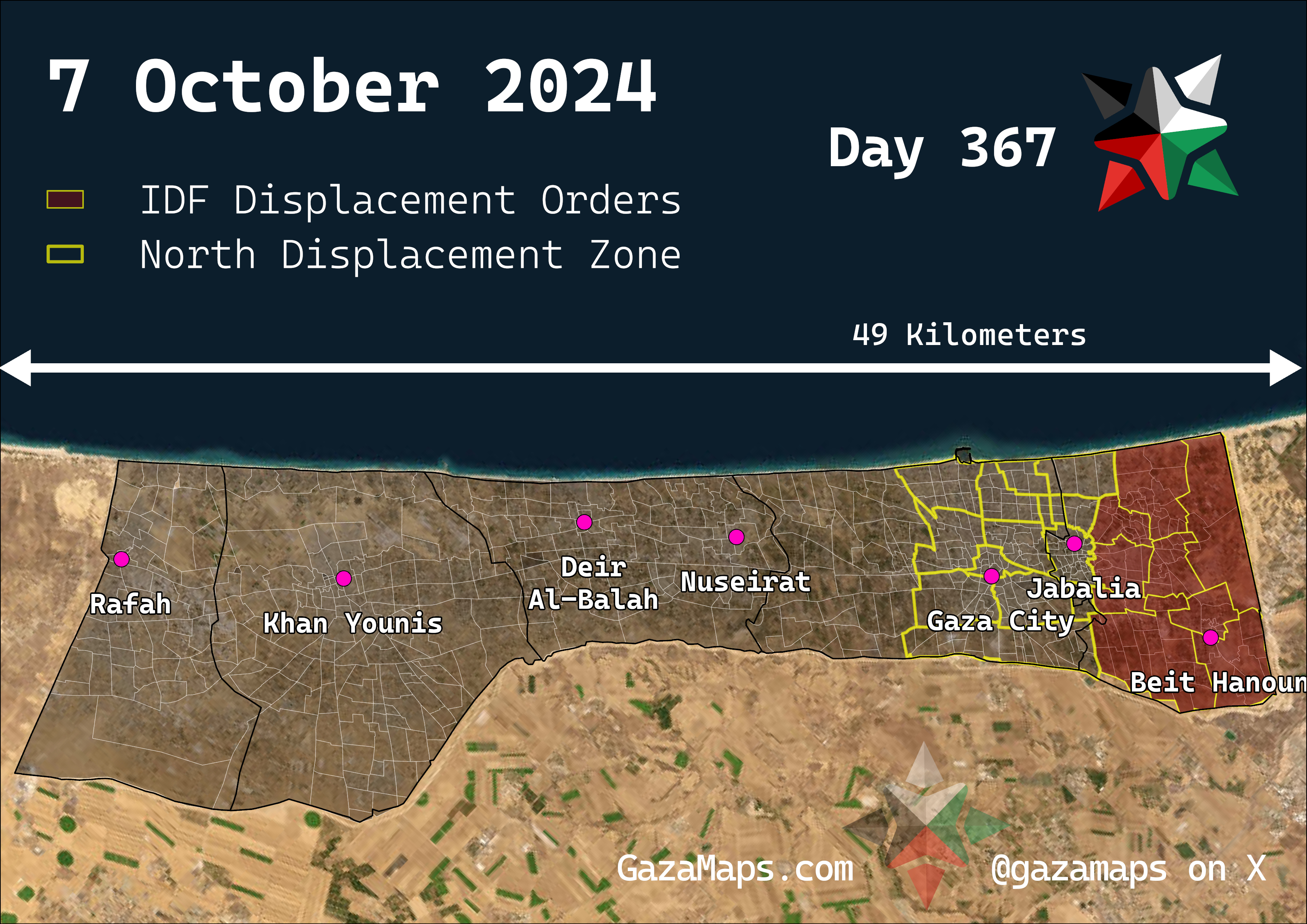 GazaMaps original map, based on IDF displacement order from 7 Oct 2024