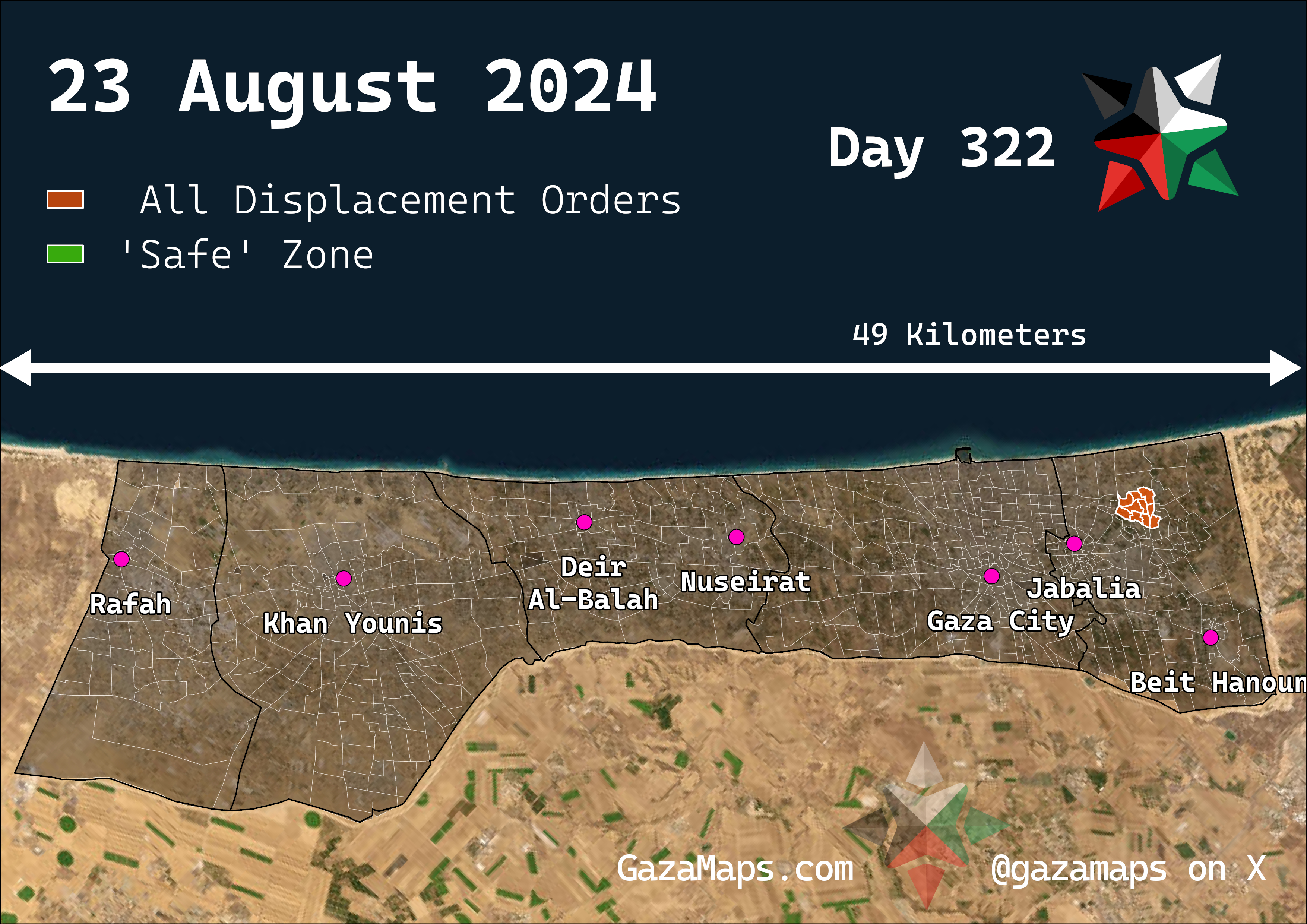 GazaMaps original map, based on IDF displacement order from 23 Aug 2024