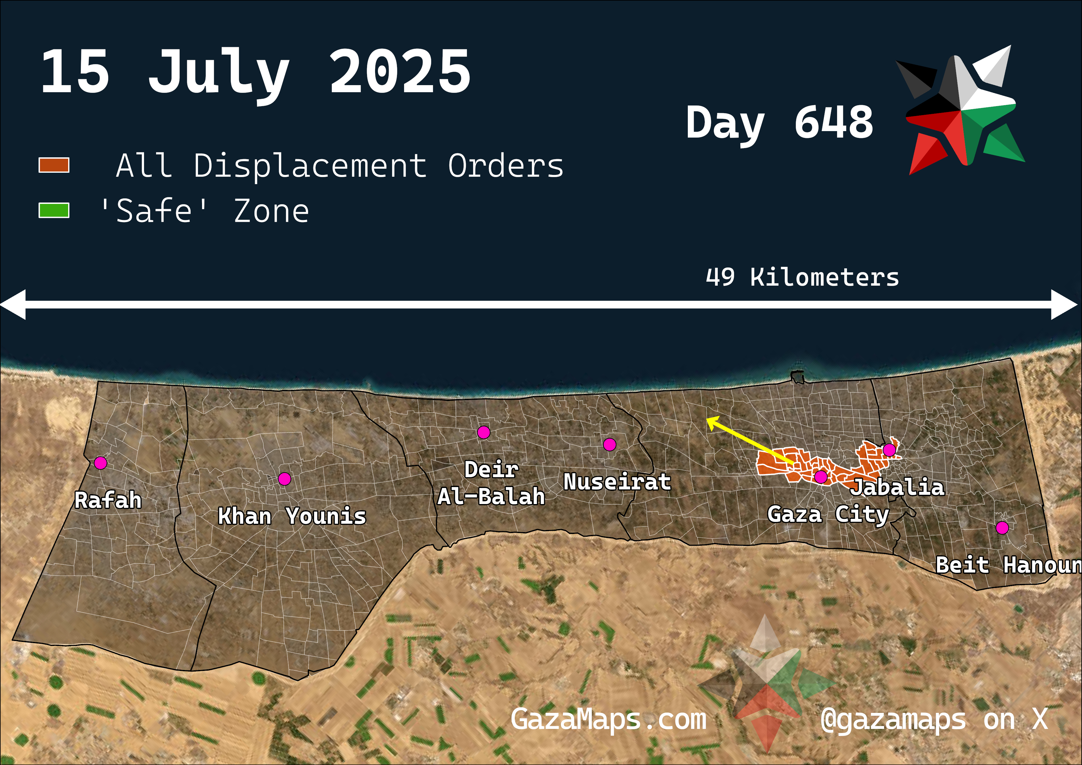 GazaMaps original map, based on IDF displacement order from 15 Jul 2025