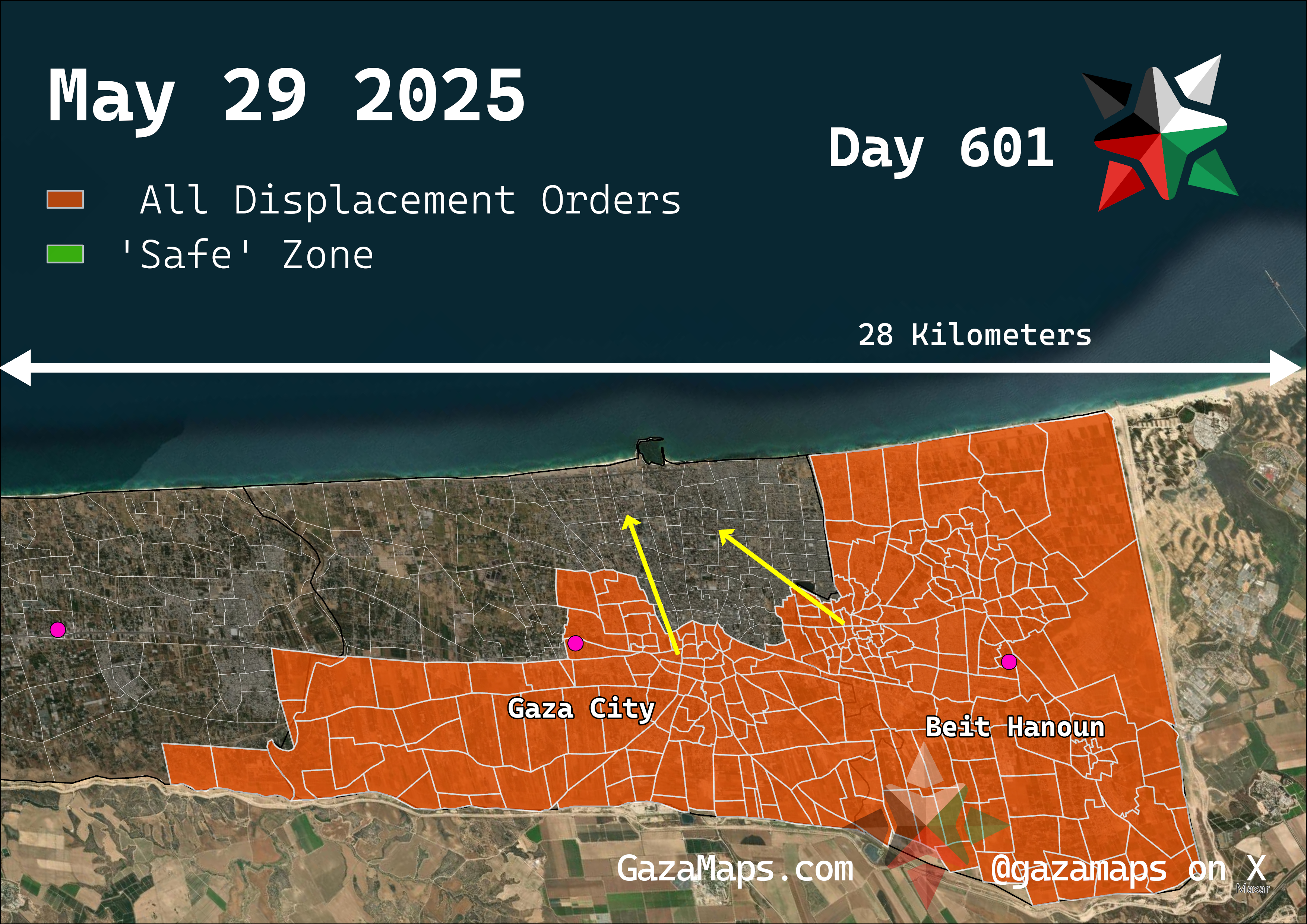 GazaMaps original map, based on IDF displacement order from 29 May 2025