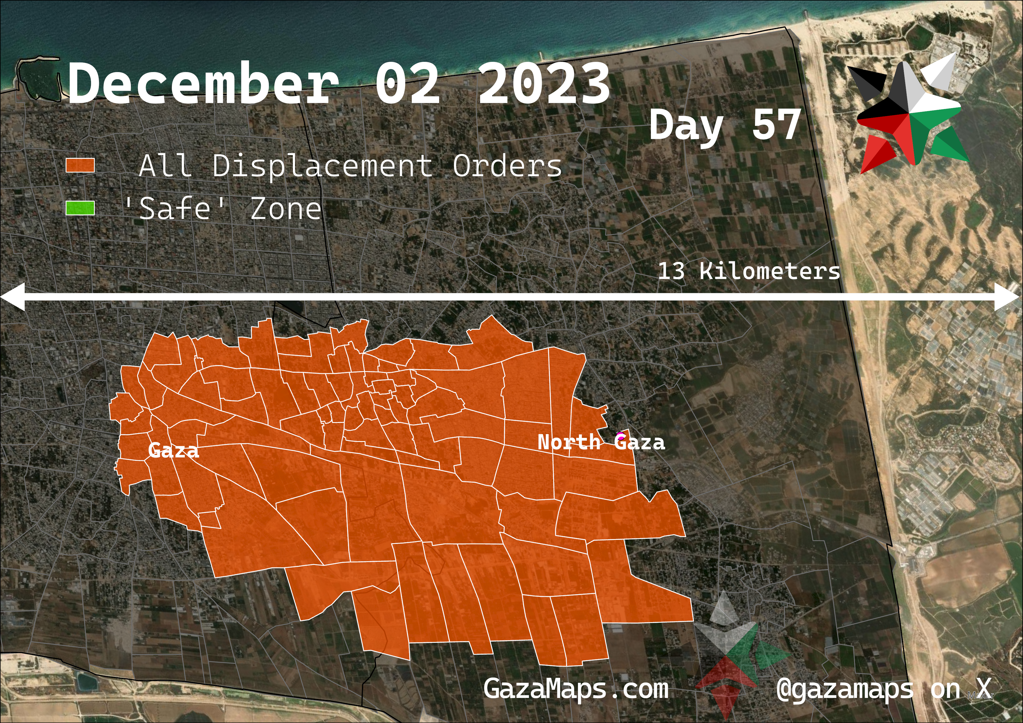 GazaMaps original map, based on IDF displacement order from 02 December 2023