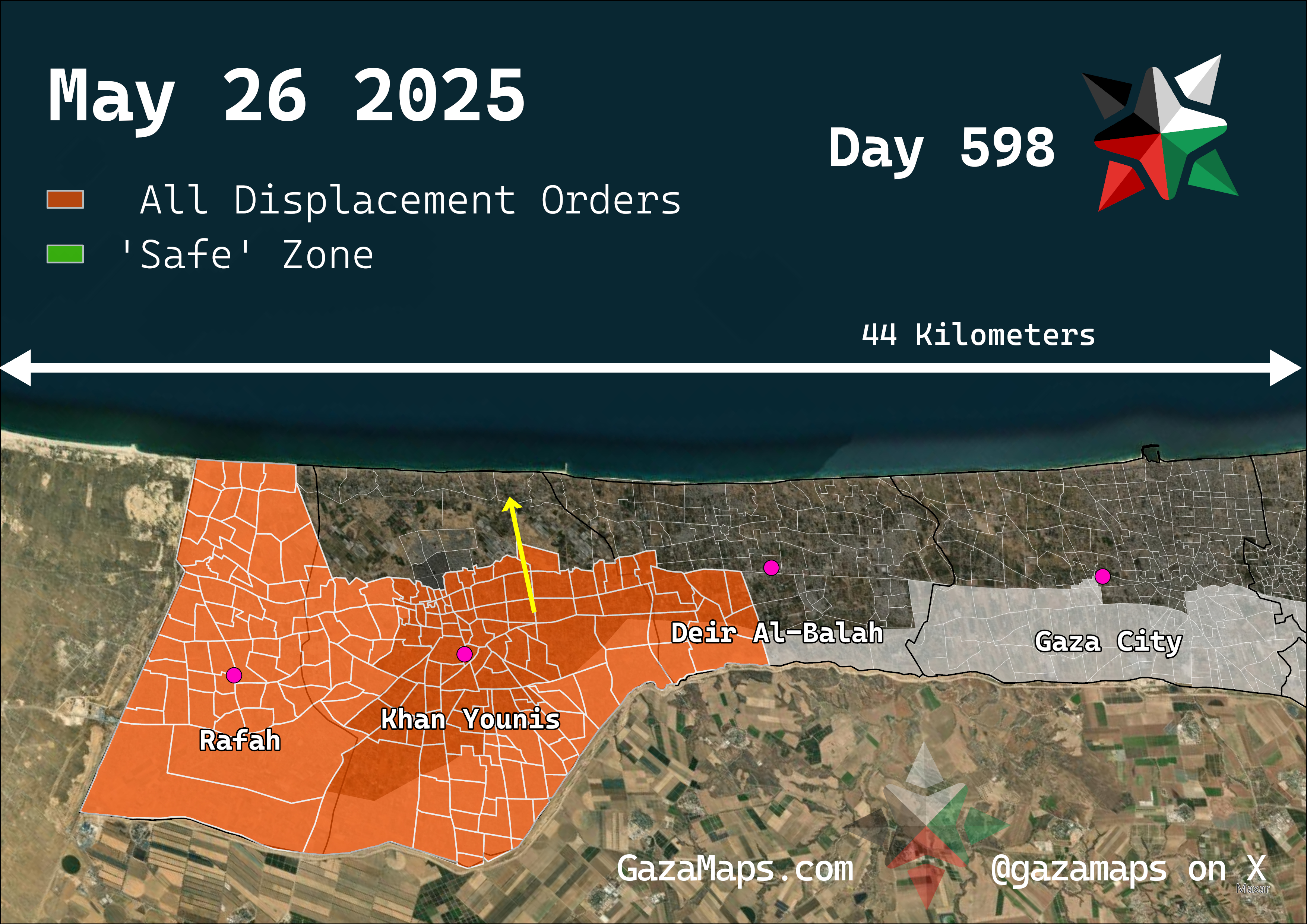 GazaMaps original map, based on IDF displacement order from 26 May 2025