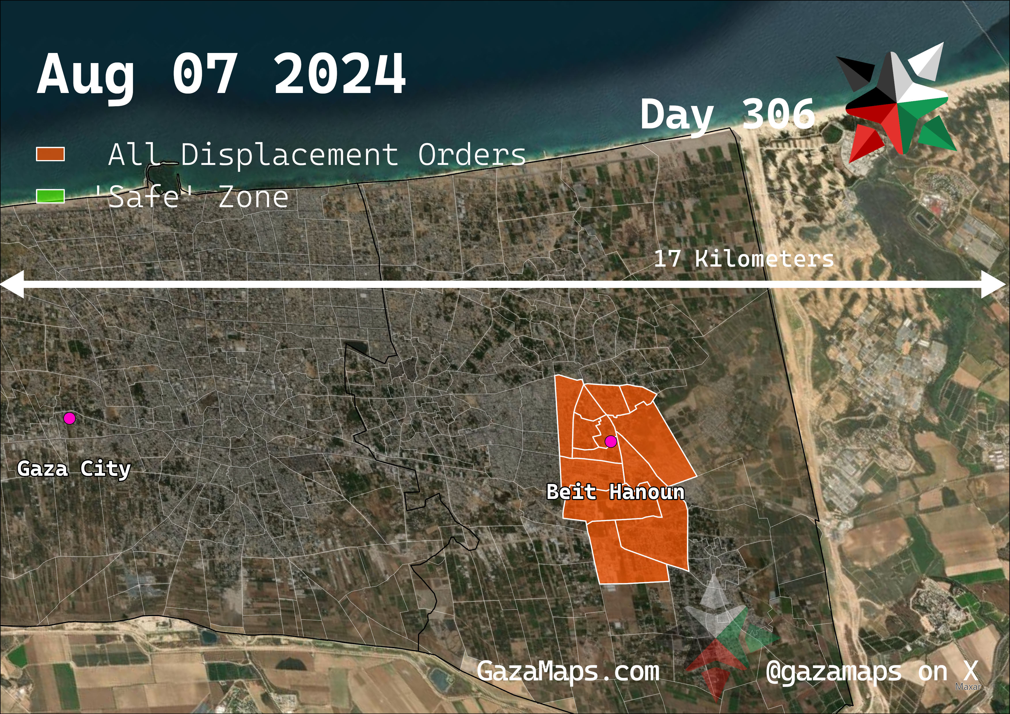GazaMaps original map, based on IDF displacement order from 07 August 2024