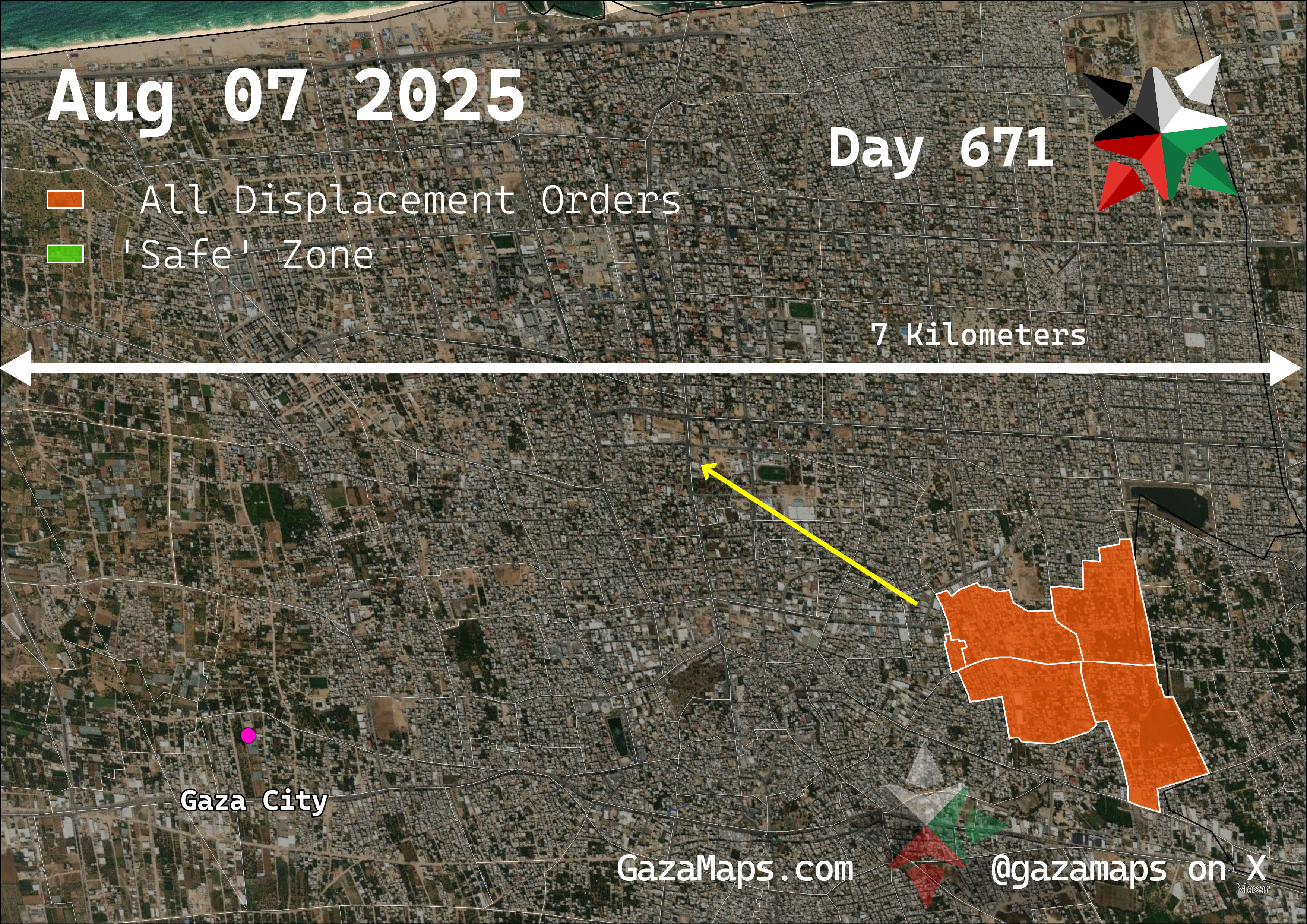 GazaMaps original map, based on IDF displacement order from 07 August 2025