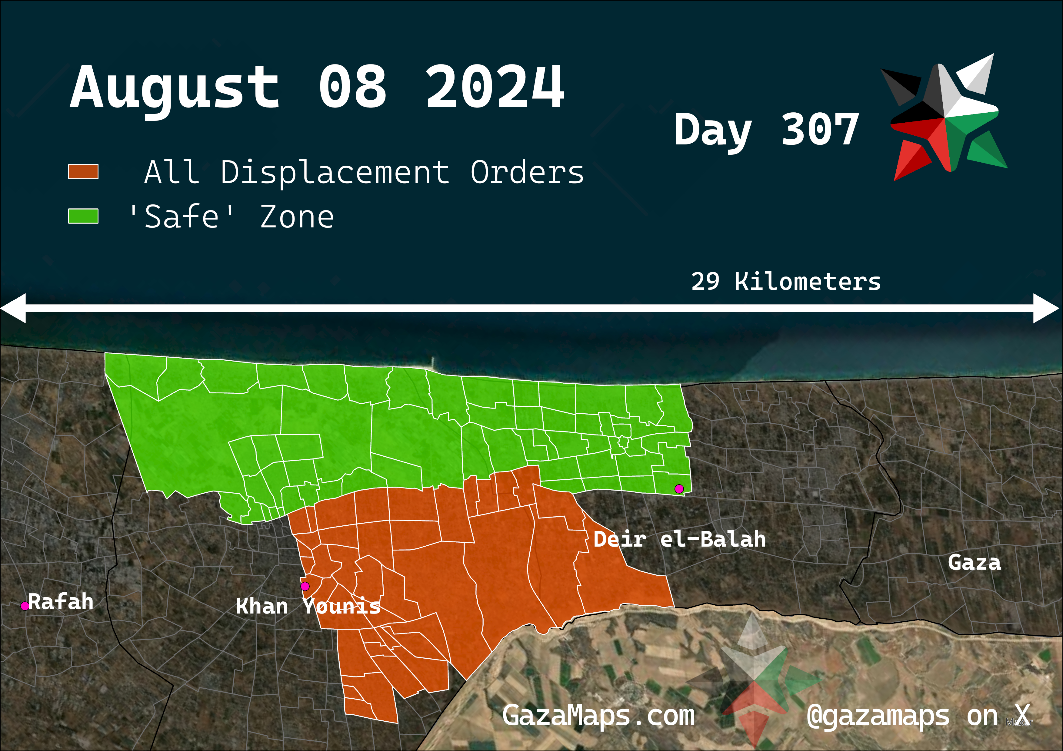 GazaMaps original map, based on IDF displacement order from 08 August 2024